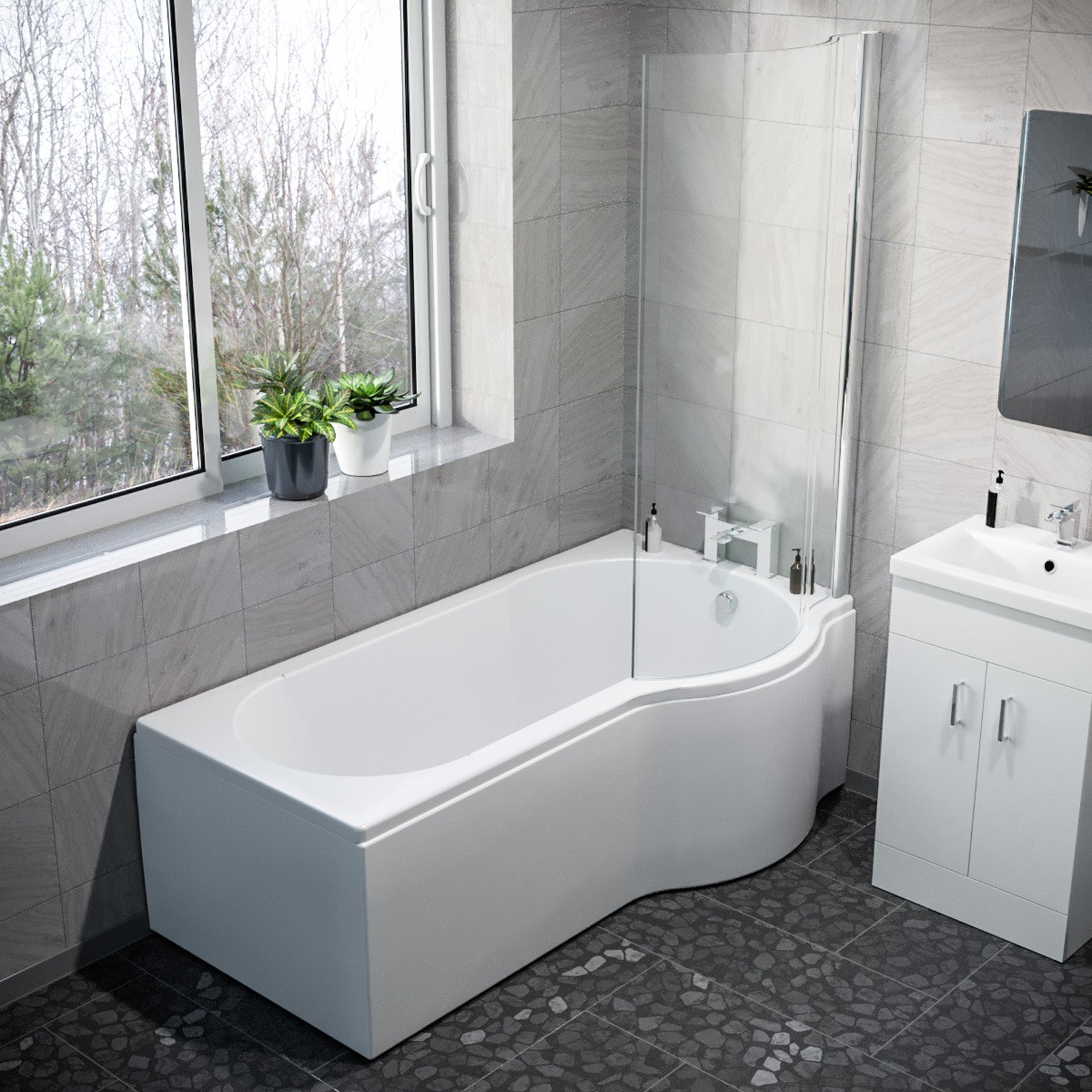 1600mm RH P Shaped Bath, Front Panel, Screen With 500mm Vanity & Toilet