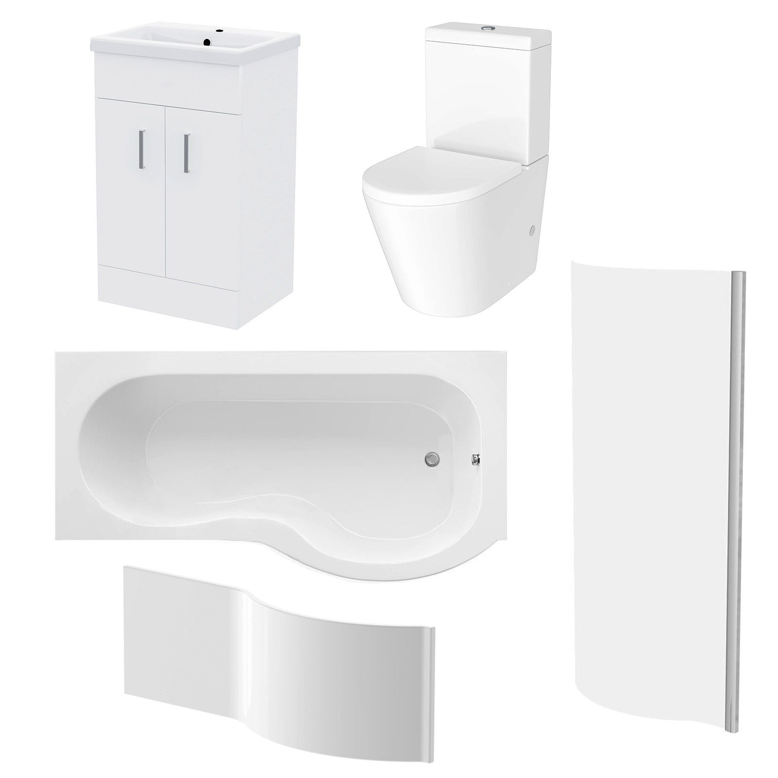 1600mm RH P Shaped Bath, Front Panel, Screen With 500mm Vanity & Toilet