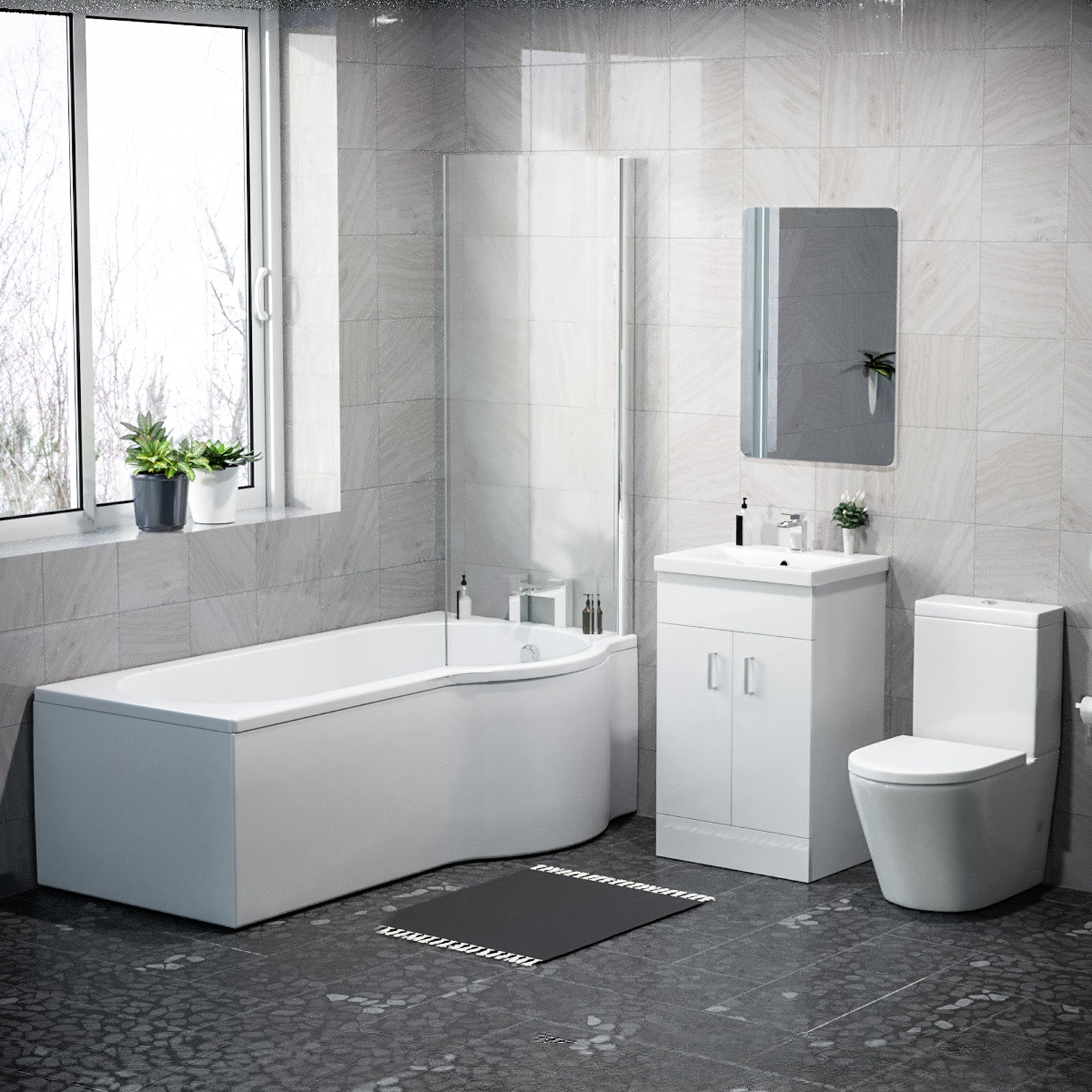 1600mm RH P Shaped Bath, Front Panel, Screen With 500mm Vanity & Toilet