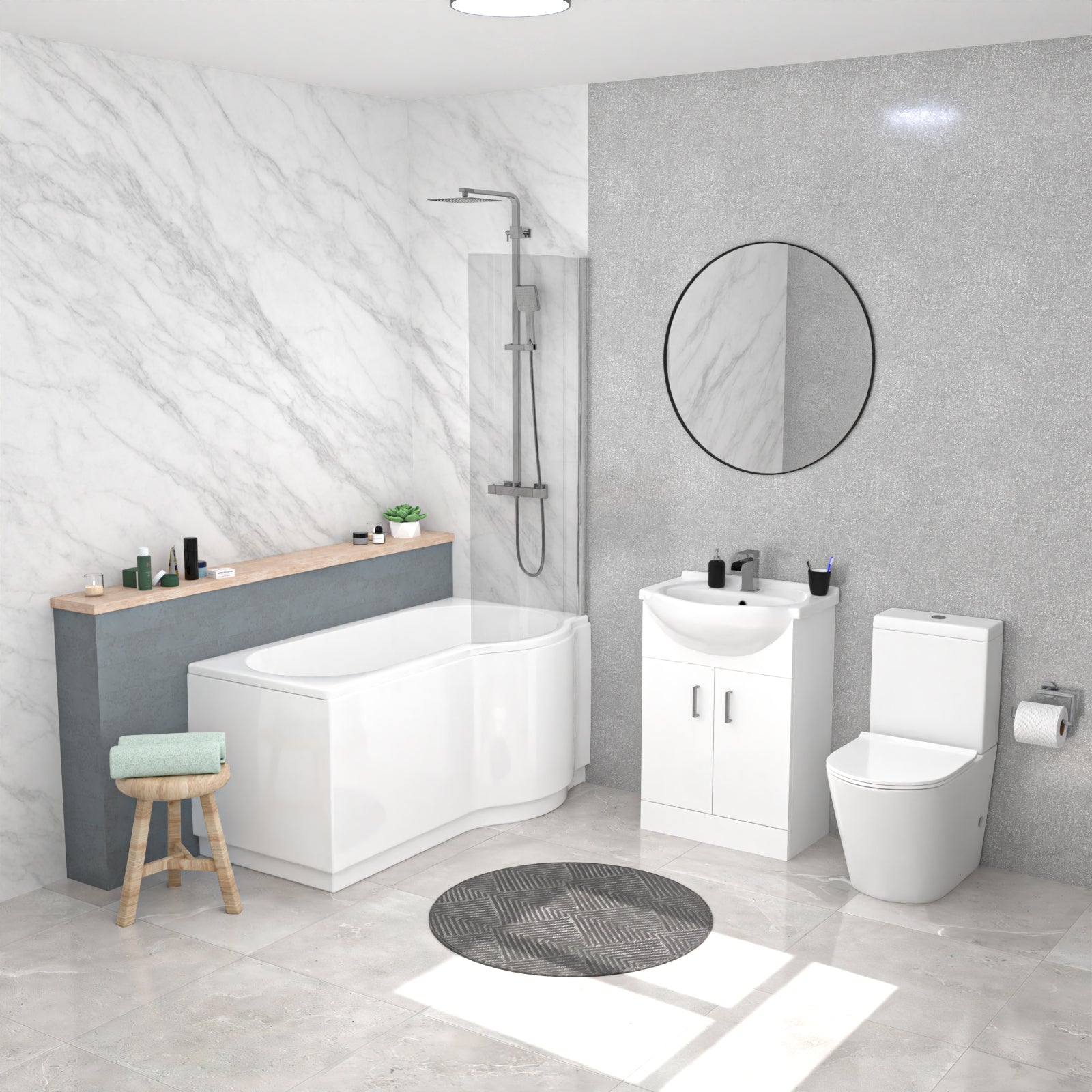 Ellen Right Hand P-Shaped Bath With Screen, Basin Vanity Unit & Close Coupled Toilet