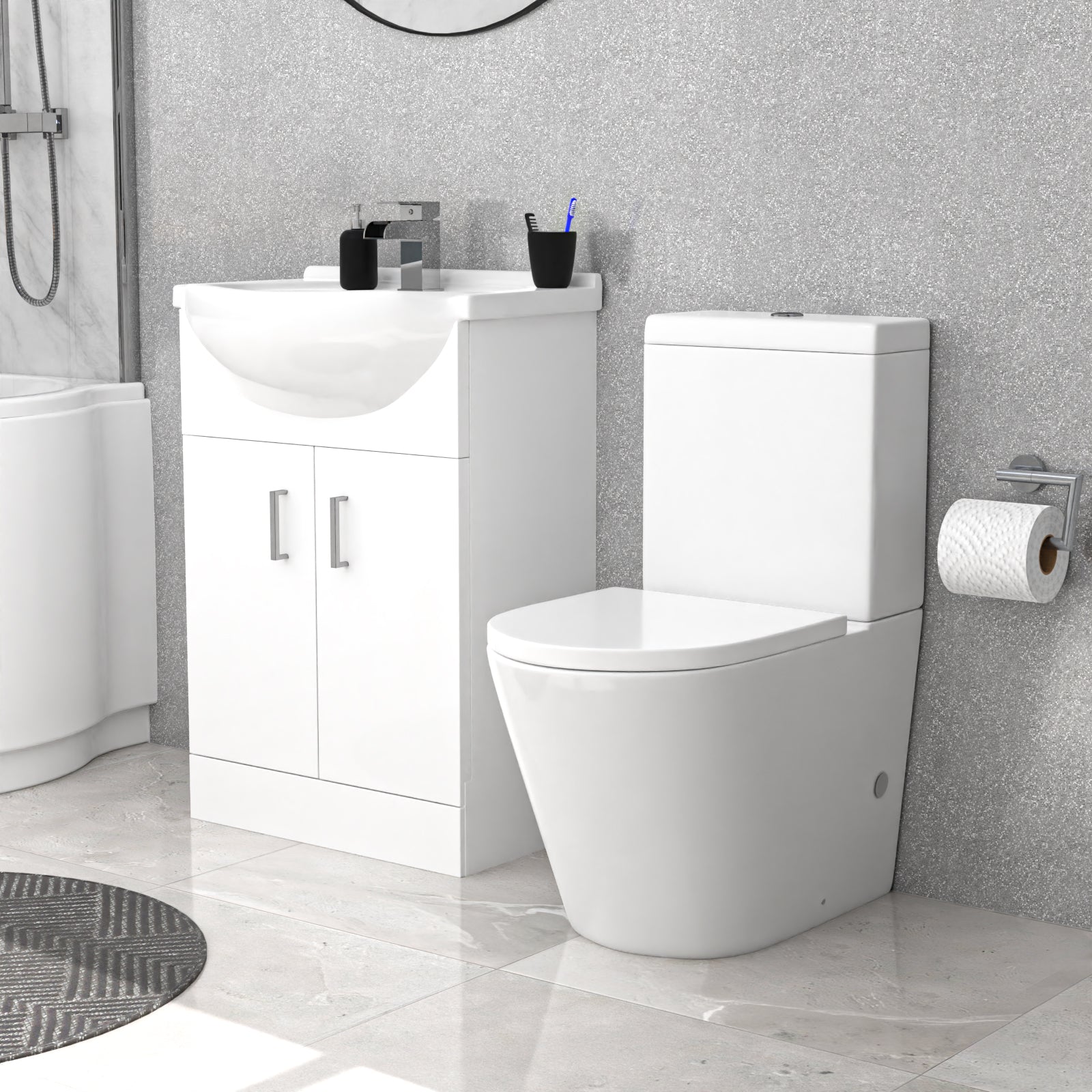 Ellen Right Hand P-Shaped Bath With Screen, Basin Vanity Unit & Close Coupled Toilet
