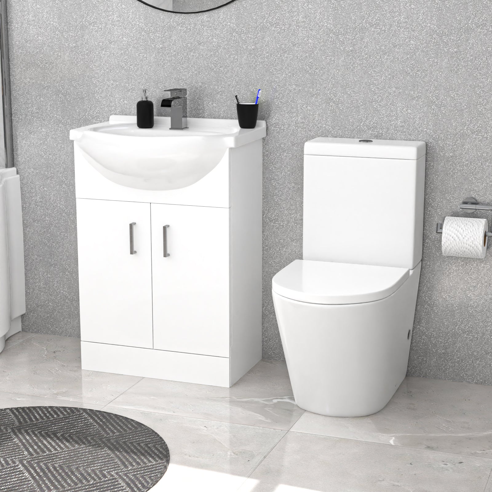 Ellen Right Hand P-Shaped Bath With Screen, Basin Vanity Unit & Close Coupled Toilet