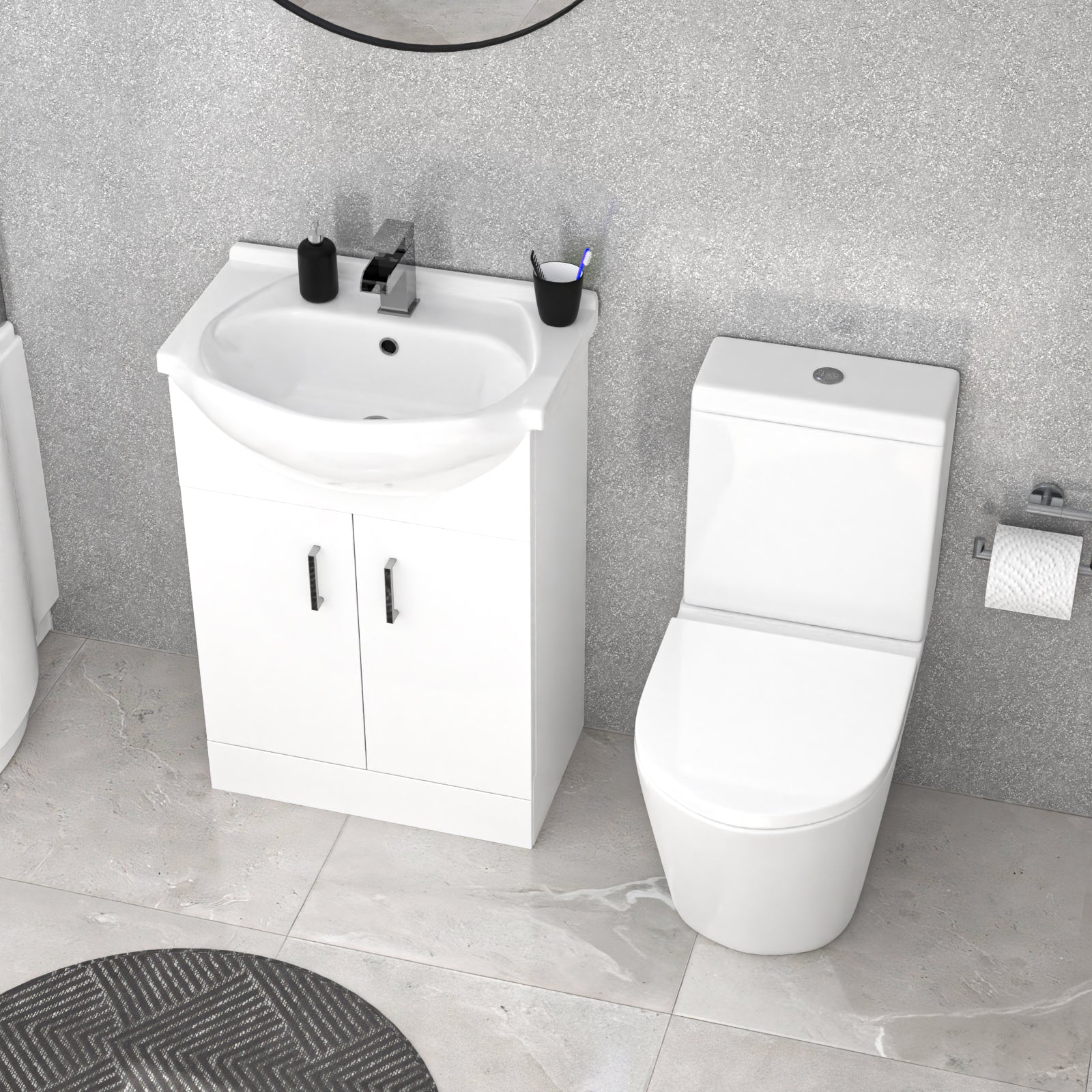 Ellen Right Hand P-Shaped Bath With Screen, Basin Vanity Unit & Close Coupled Toilet