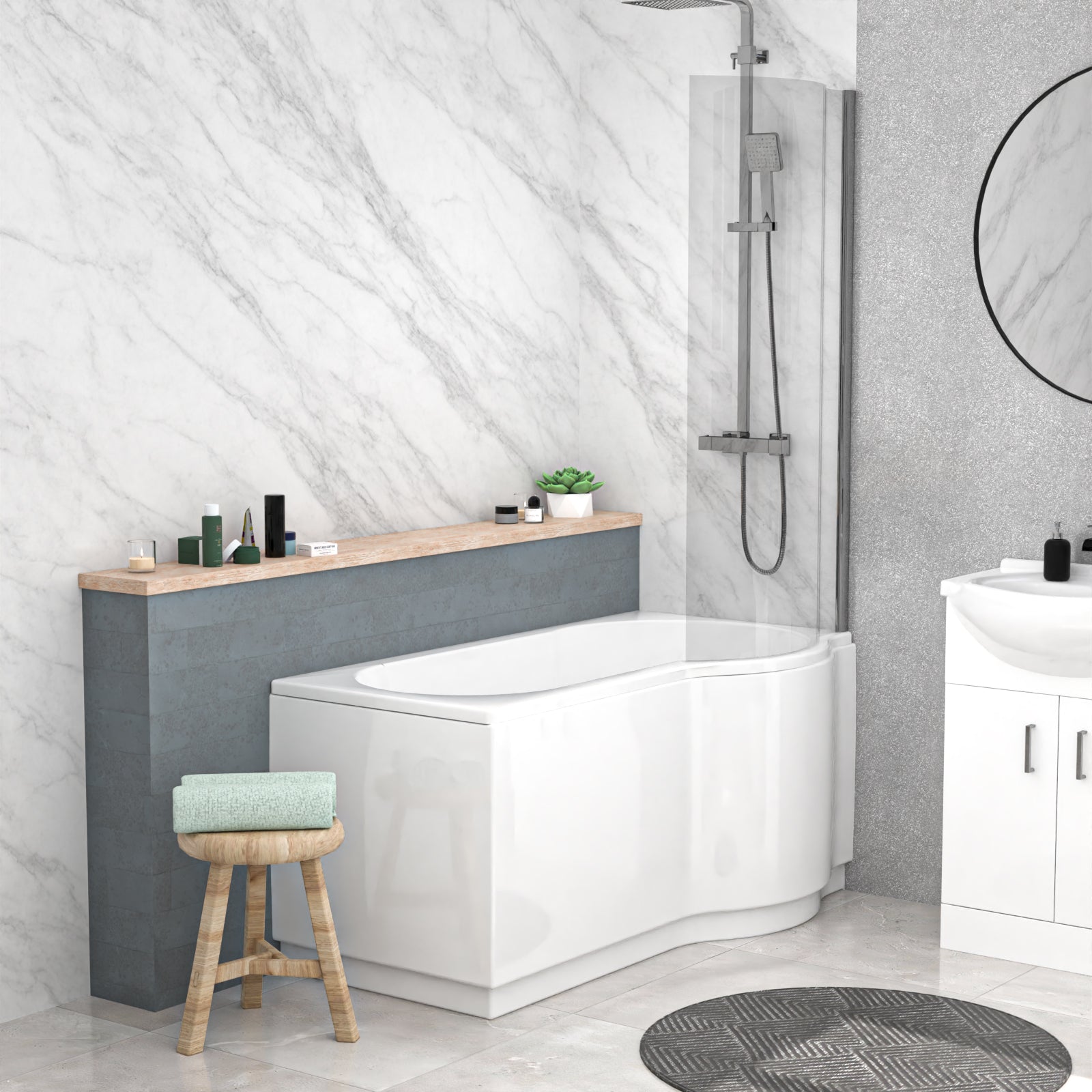 Ellen Right Hand P-Shaped Bath With Screen, Basin Vanity Unit & Close Coupled Toilet
