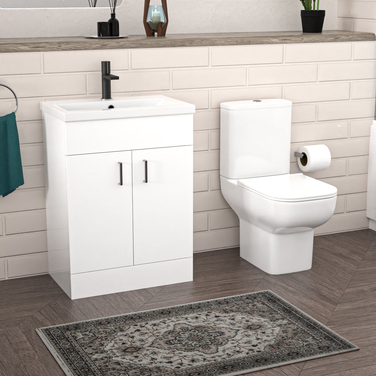 P-Shaped Left Hand Bath with Panel & Screen, 600mm Floor Standing Vanity with Toilet