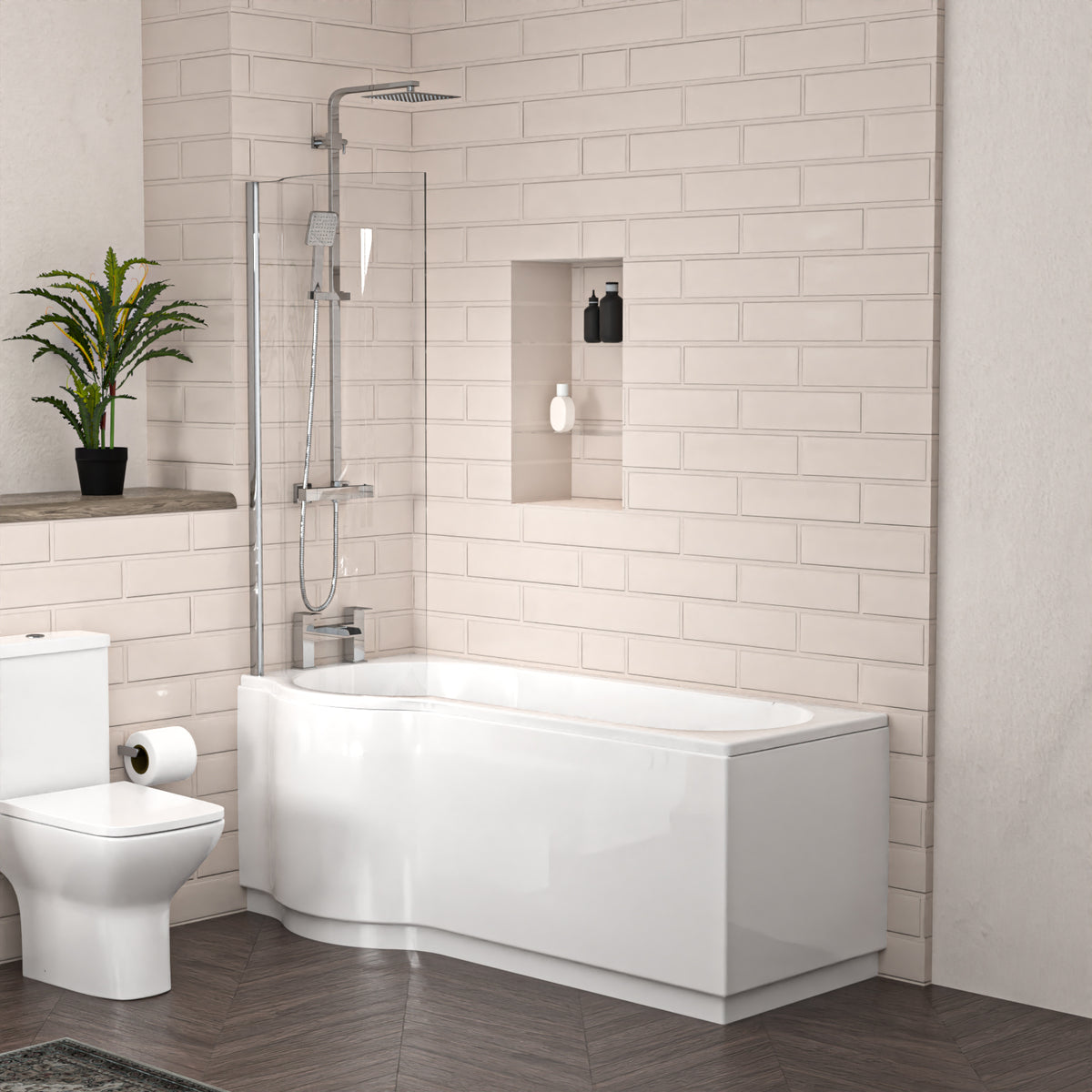 P-Shaped Left Hand Bath Set, Screen, Rimless Toilet, 550mm Freestanding Vanity, Taps & Shower