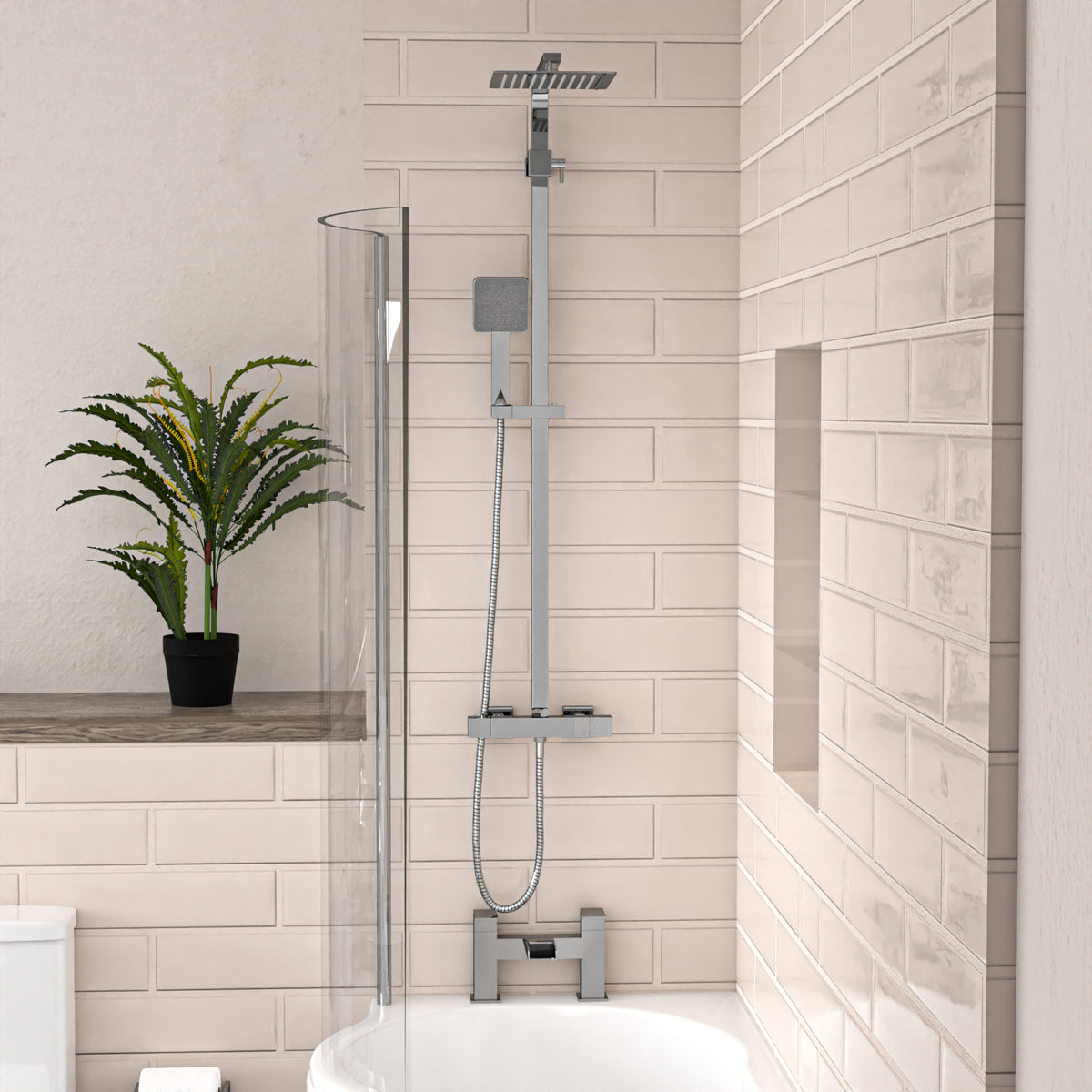 P-Shaped Left Hand Bath Set, Screen, Rimless Toilet, 550mm Freestanding Vanity, Taps & Shower