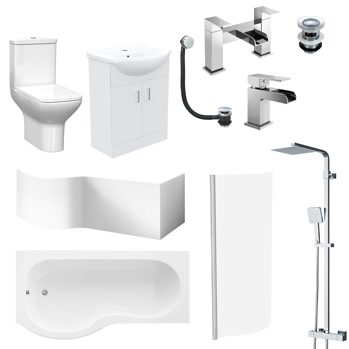 P-Shaped Left Hand Bath Set, Screen, Rimless Toilet, 550mm Freestanding Vanity, Taps & Shower