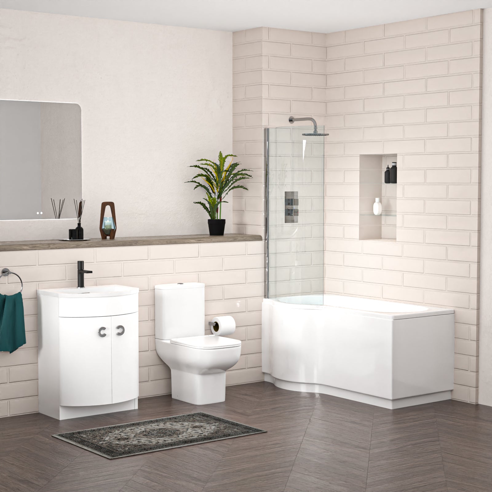 P-Shaped Left Hand Bath, Panel, Bath Screen with 600mm Freestanding Vanity & Toilet Set