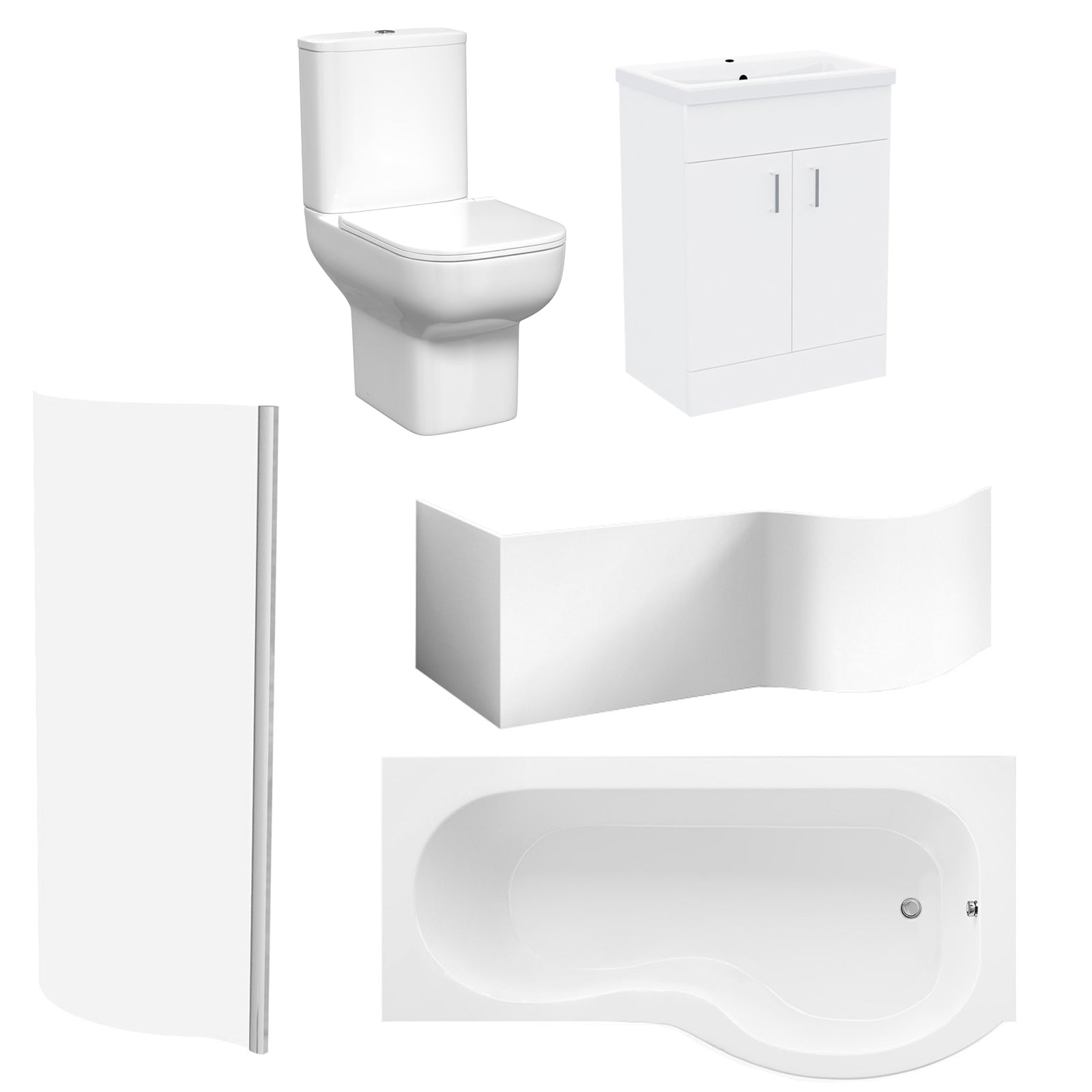 P-Shaped Right Hand Bath Set, Panel, Bath Screen, CC Toilet, 600mm Freestanding Vanity