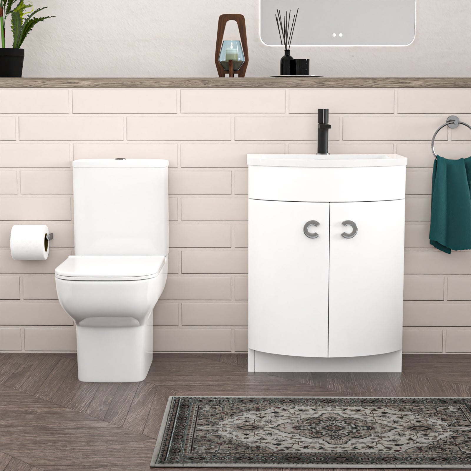P-Shaped Right Hand Bath Set, Panel, Screen, 600mm Floorstanding Vanity with Toilet
