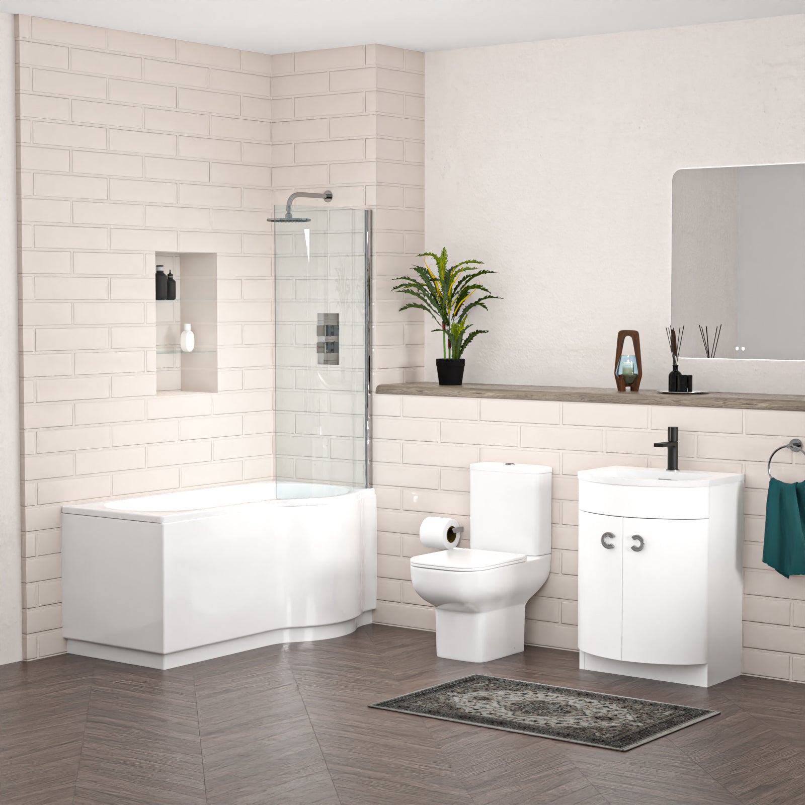 P-Shaped Right Hand Bath Set, Panel, Screen, 600mm Floorstanding Vanity with Toilet