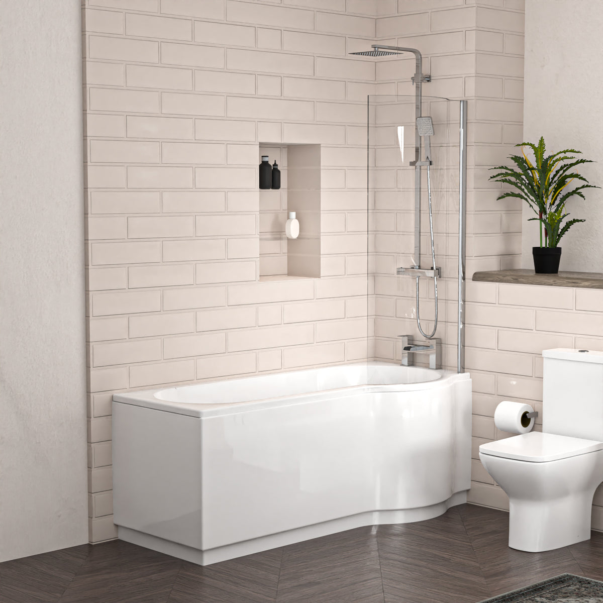 P-Shaped Right Hand Bath Set, Screen, Rimless Toilet, 550mm Freestanding Vanity, Taps & Shower