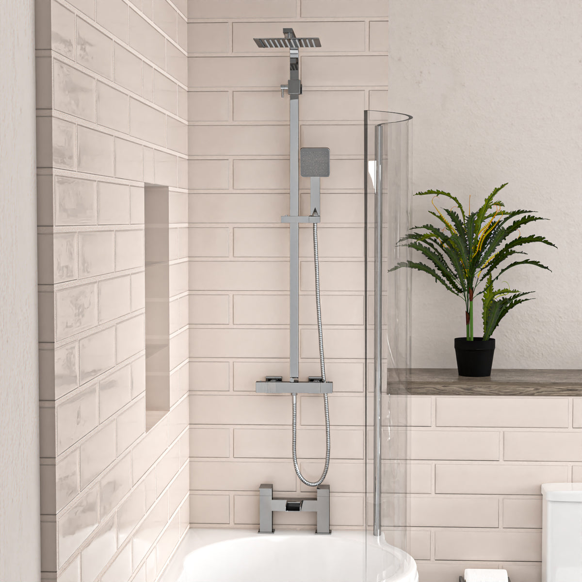 P-Shaped Right Hand Bath Set, Screen, Rimless Toilet, 550mm Freestanding Vanity, Taps & Shower