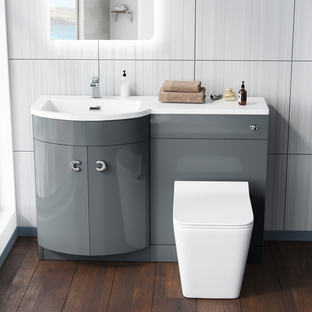Dene Grey 1100 mm Vanity Unit and BTW WC Toilet Left Hand Basin Sink Cabinet