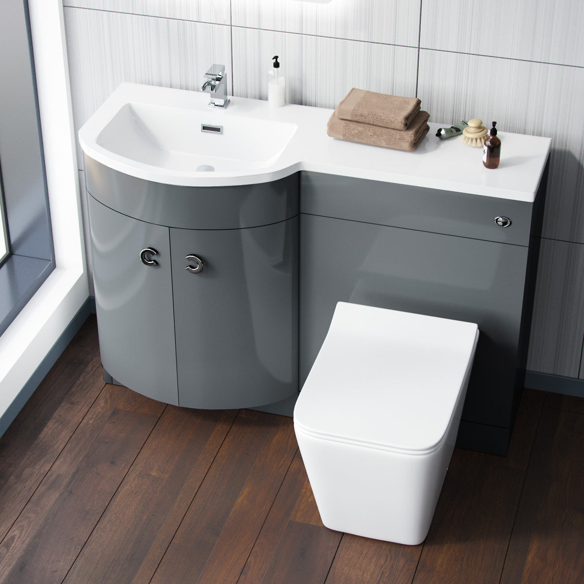 Dene Grey 1100 mm Vanity Unit and BTW WC Toilet Left Hand Basin Sink Cabinet