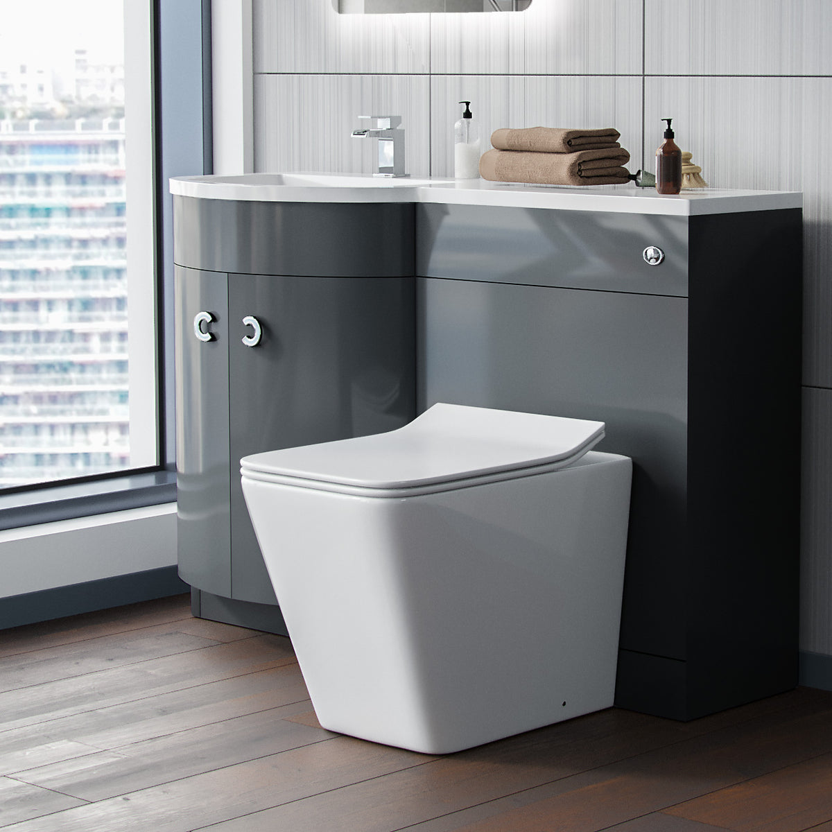 Dene Grey 1100 mm Vanity Unit and BTW WC Toilet Left Hand Basin Sink Cabinet