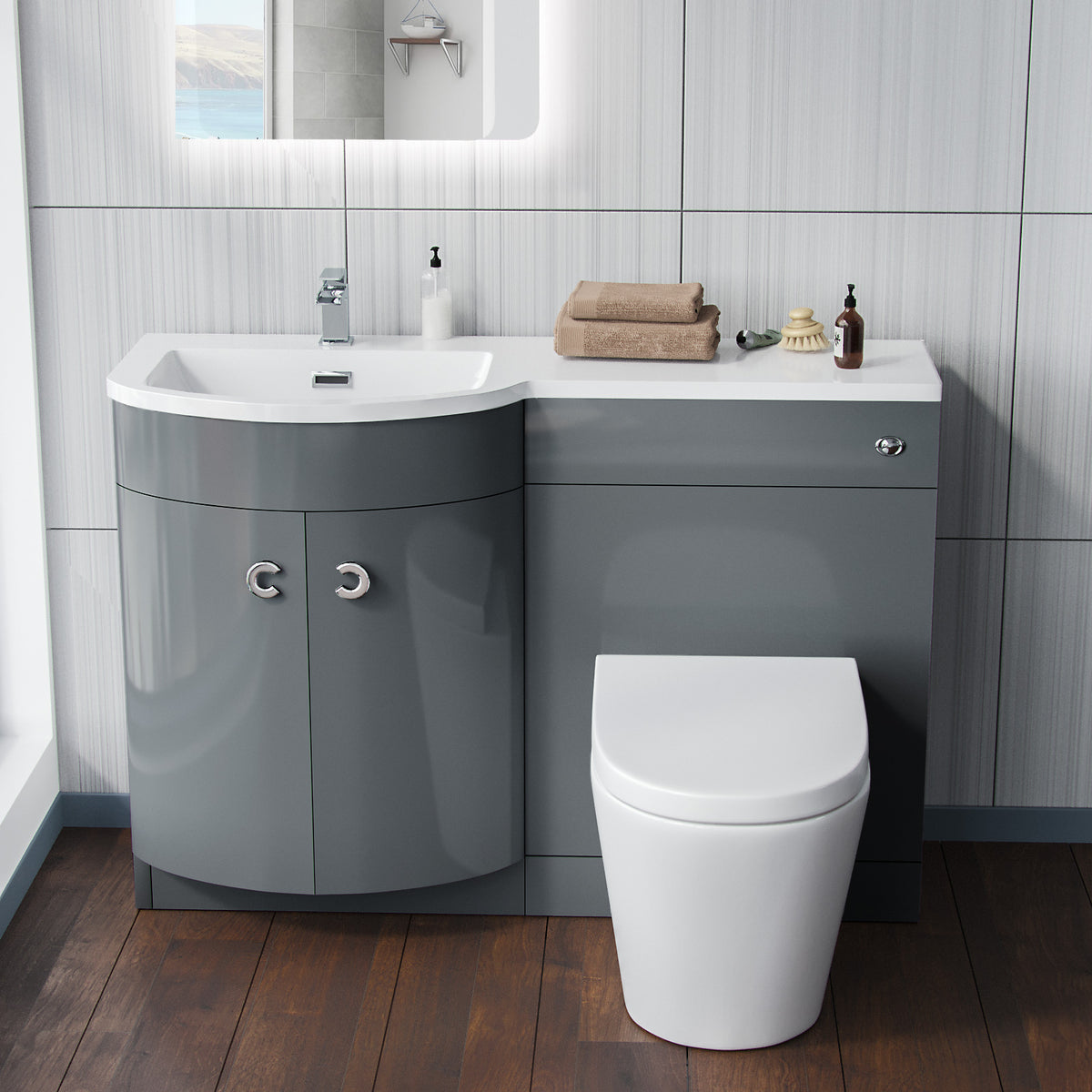 Dene Grey 1100 mm Bathroom Left Hand Basin Vanity Unit & Back To Wall WC Toilet