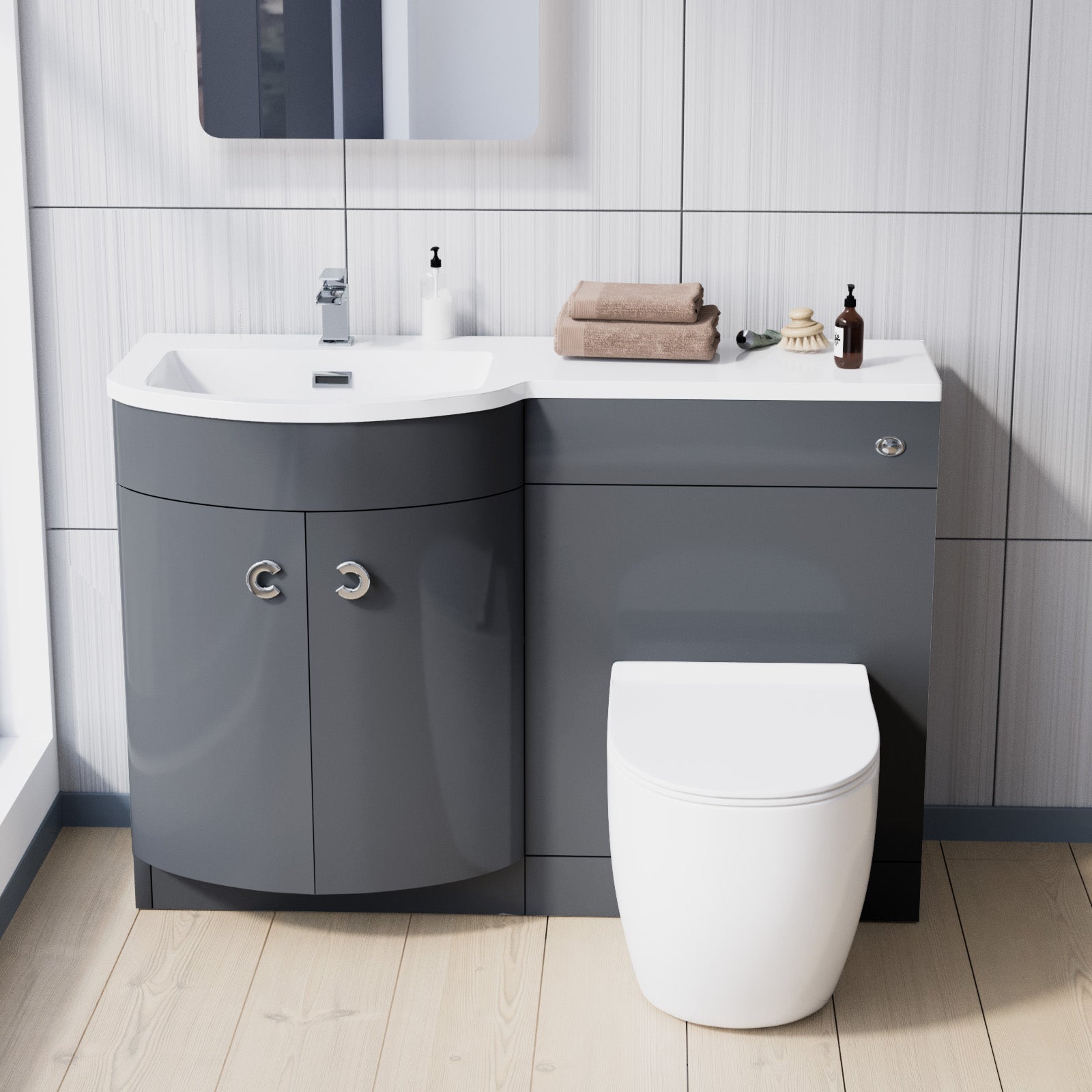 Dene | 1100mm LH Back To Wall toilet, Soft Close Toilet & Resin Basin Grey