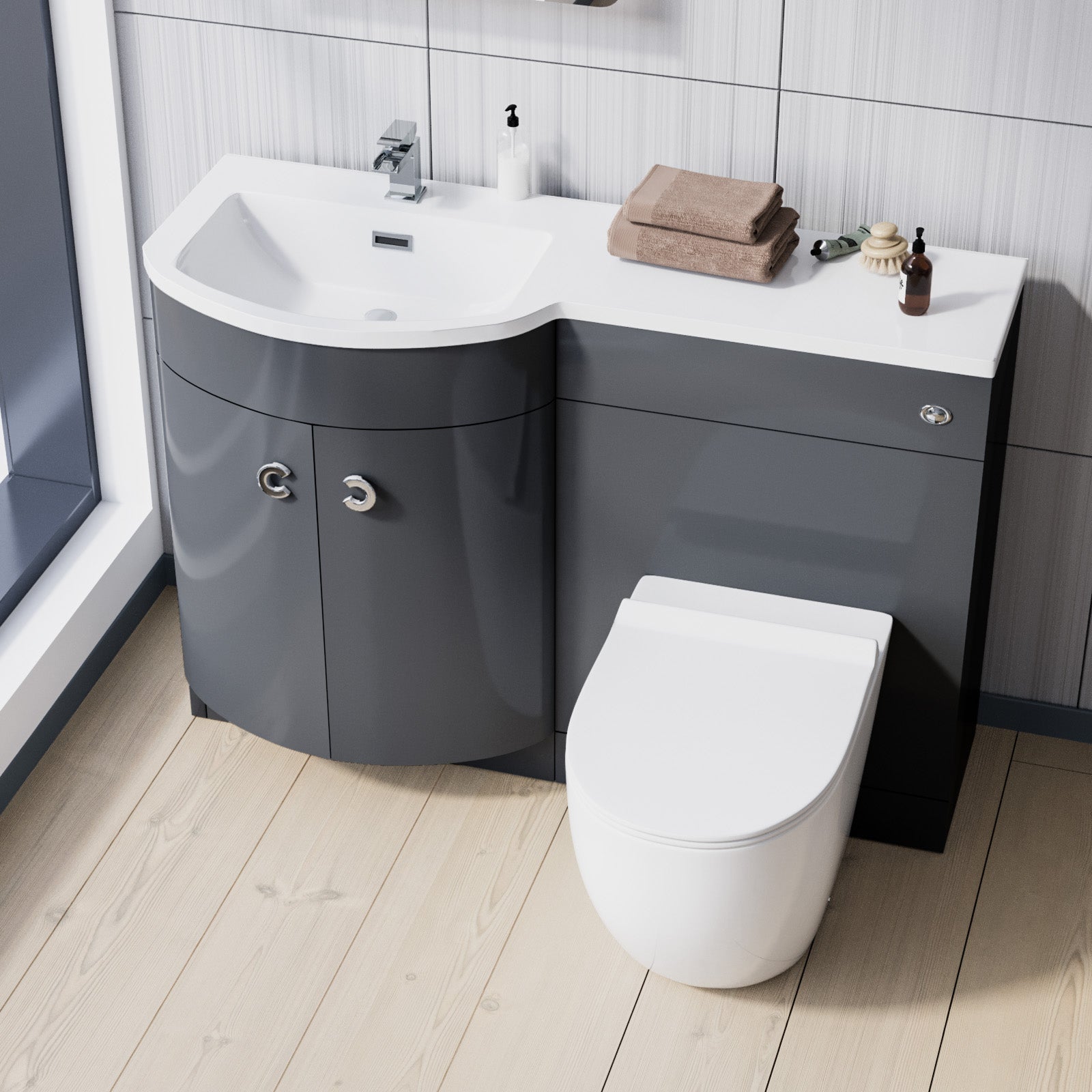 Dene | 1100mm LH Back To Wall toilet, Soft Close Toilet & Resin Basin Grey