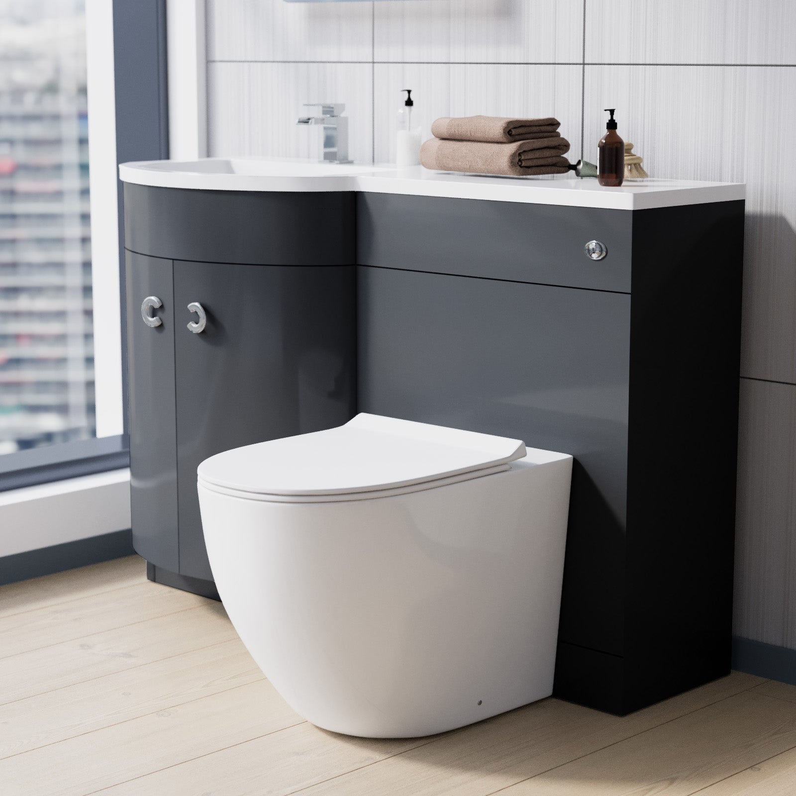 Dene | 1100mm LH Back To Wall toilet, Soft Close Toilet & Resin Basin Grey