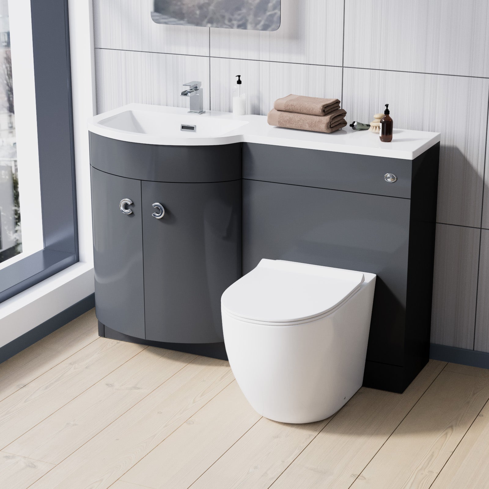 Dene | 1100mm LH Back To Wall toilet, Soft Close Toilet & Resin Basin Grey