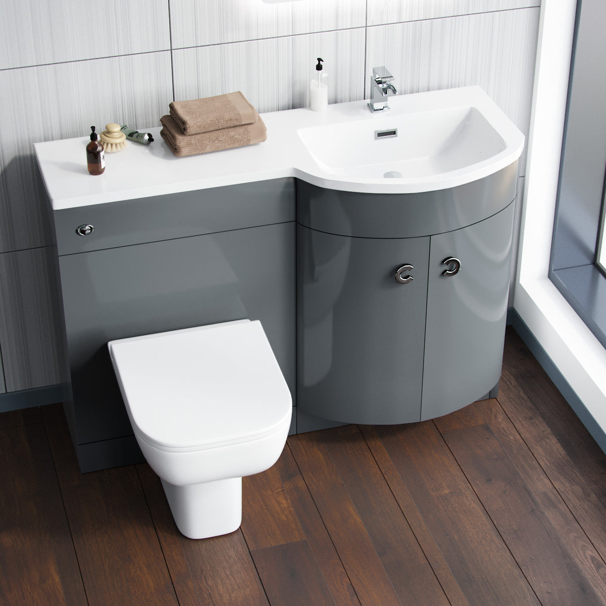 Dene Grey 1100 mm P Shaped Right Hand Vanity Basin Cabinet and WC BTW Toilet