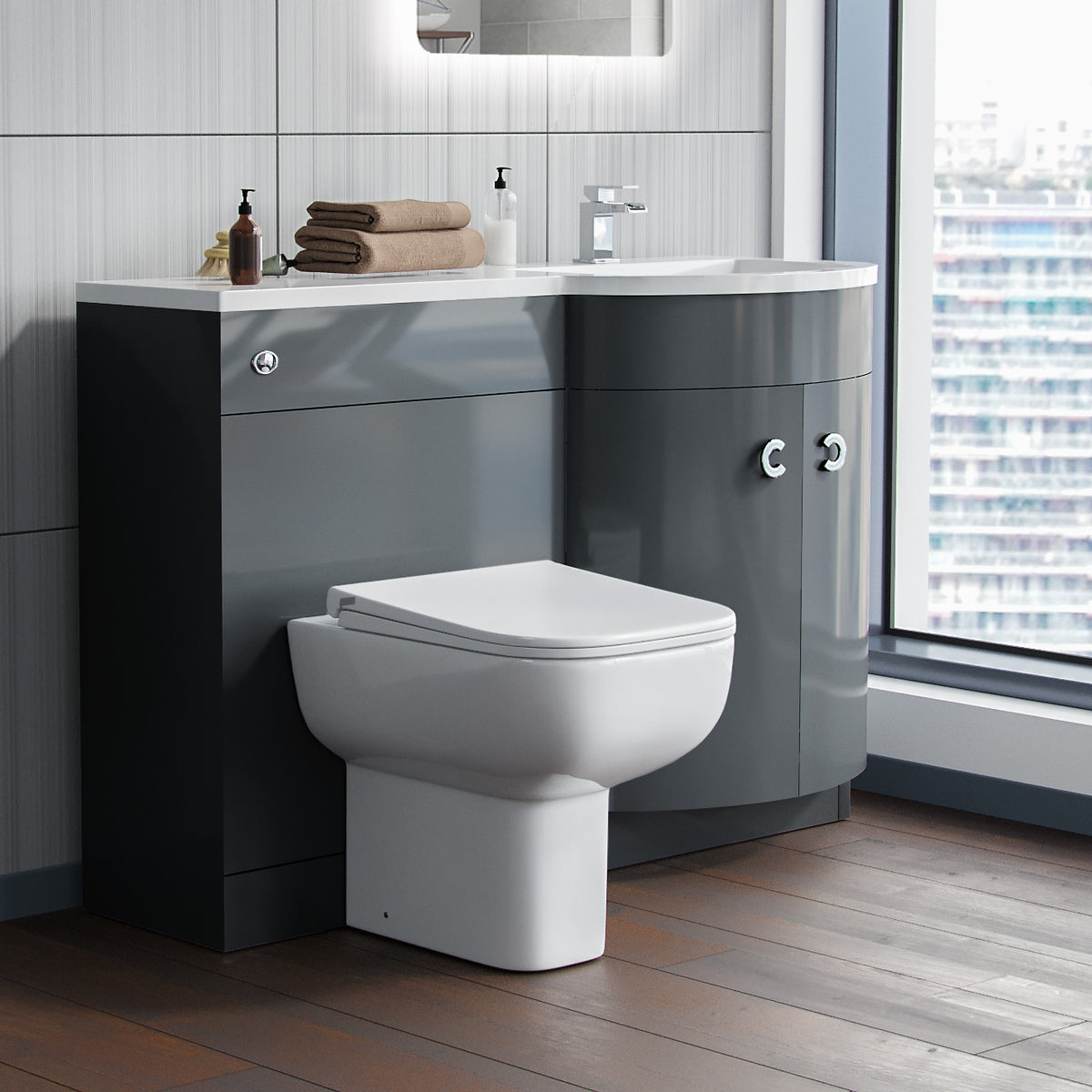 Dene Grey 1100 mm P Shaped Right Hand Vanity Basin Cabinet and WC BTW Toilet