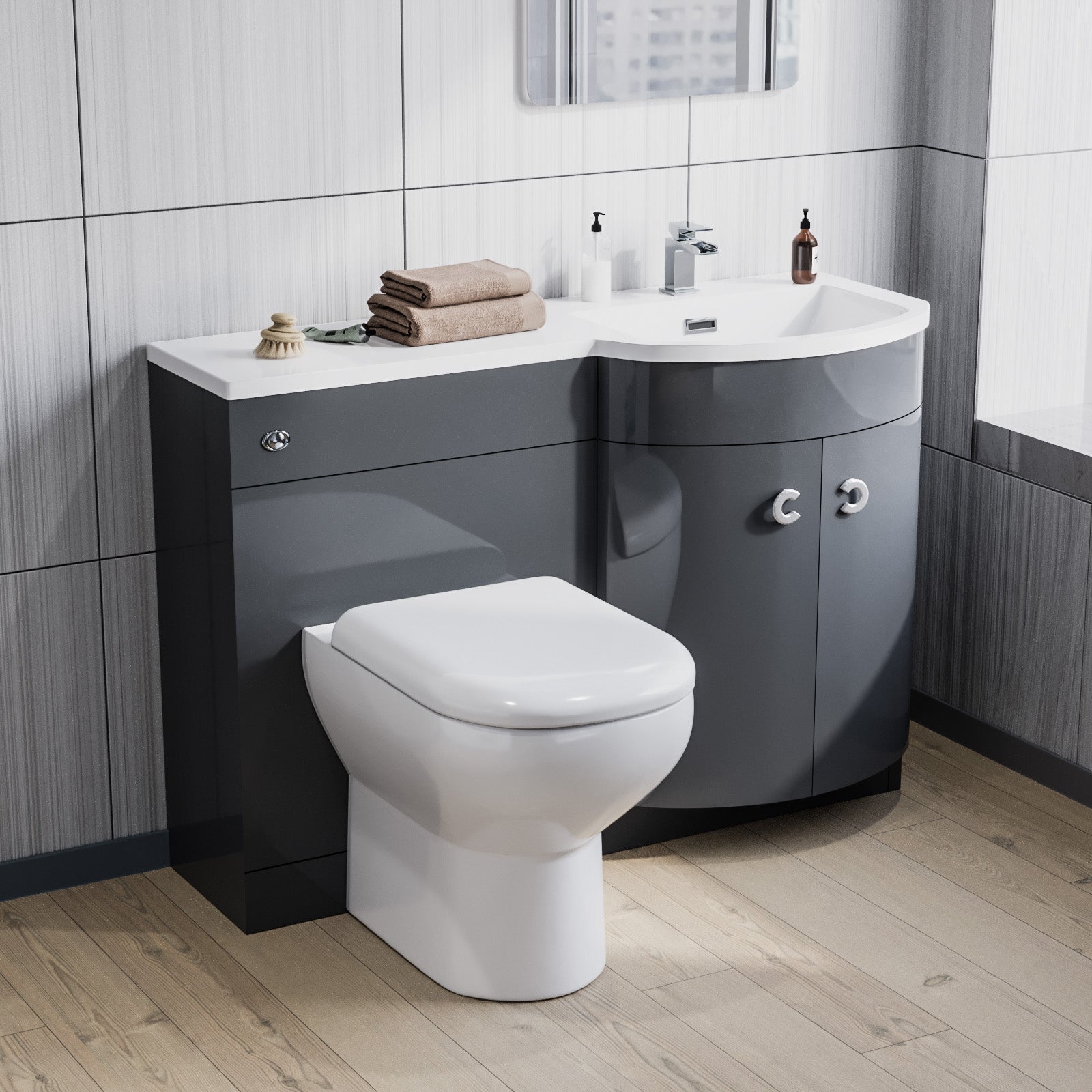 Dene 1100mm Basin Combination Vanity Unit, WC unit, Back To Wall Toilet Grey