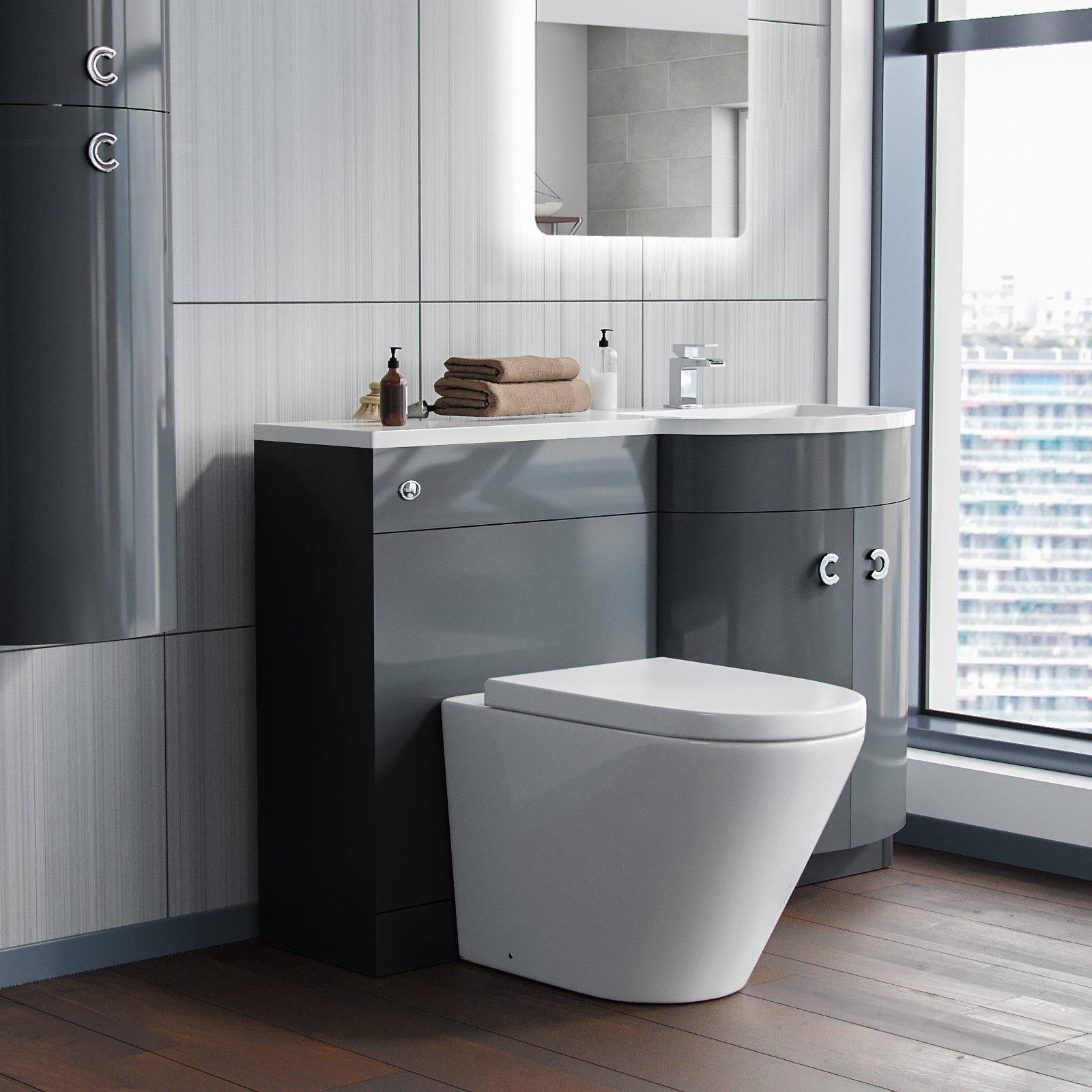 Dene Grey RH 1100mm Vanity Basin Unit & Ellis Back To Wall Toilet