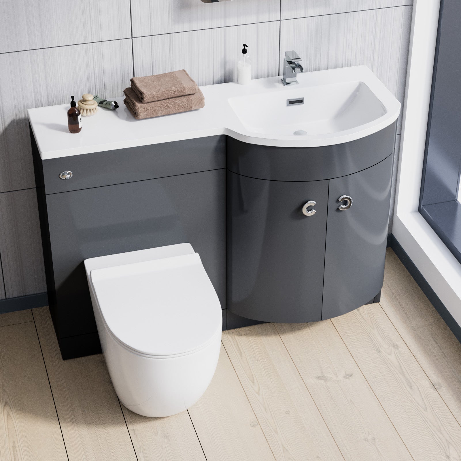 Grey 1100 RH Back To Wall Soft Close Toilet & Resin Basin
