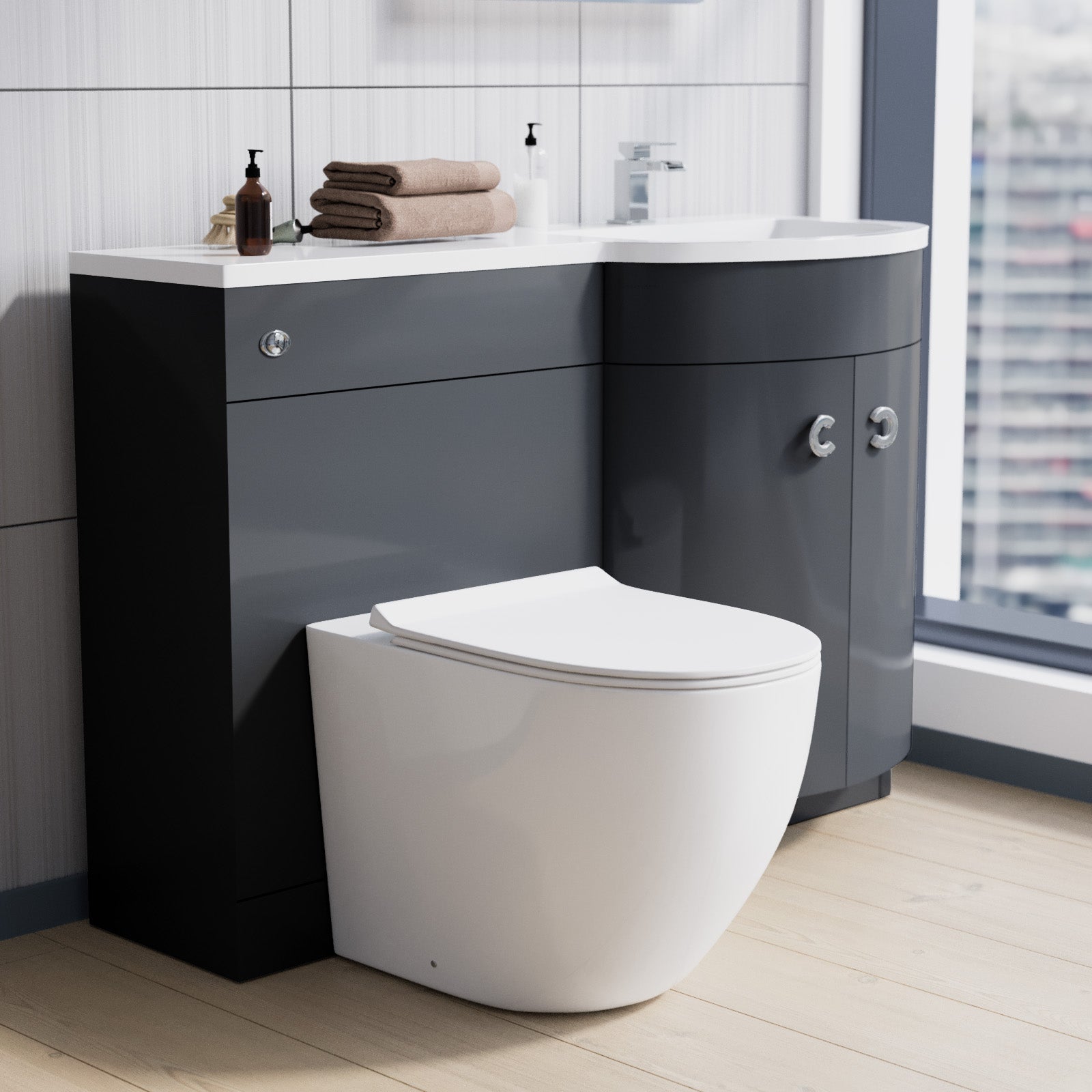 Grey 1100 RH Back To Wall Soft Close Toilet & Resin Basin