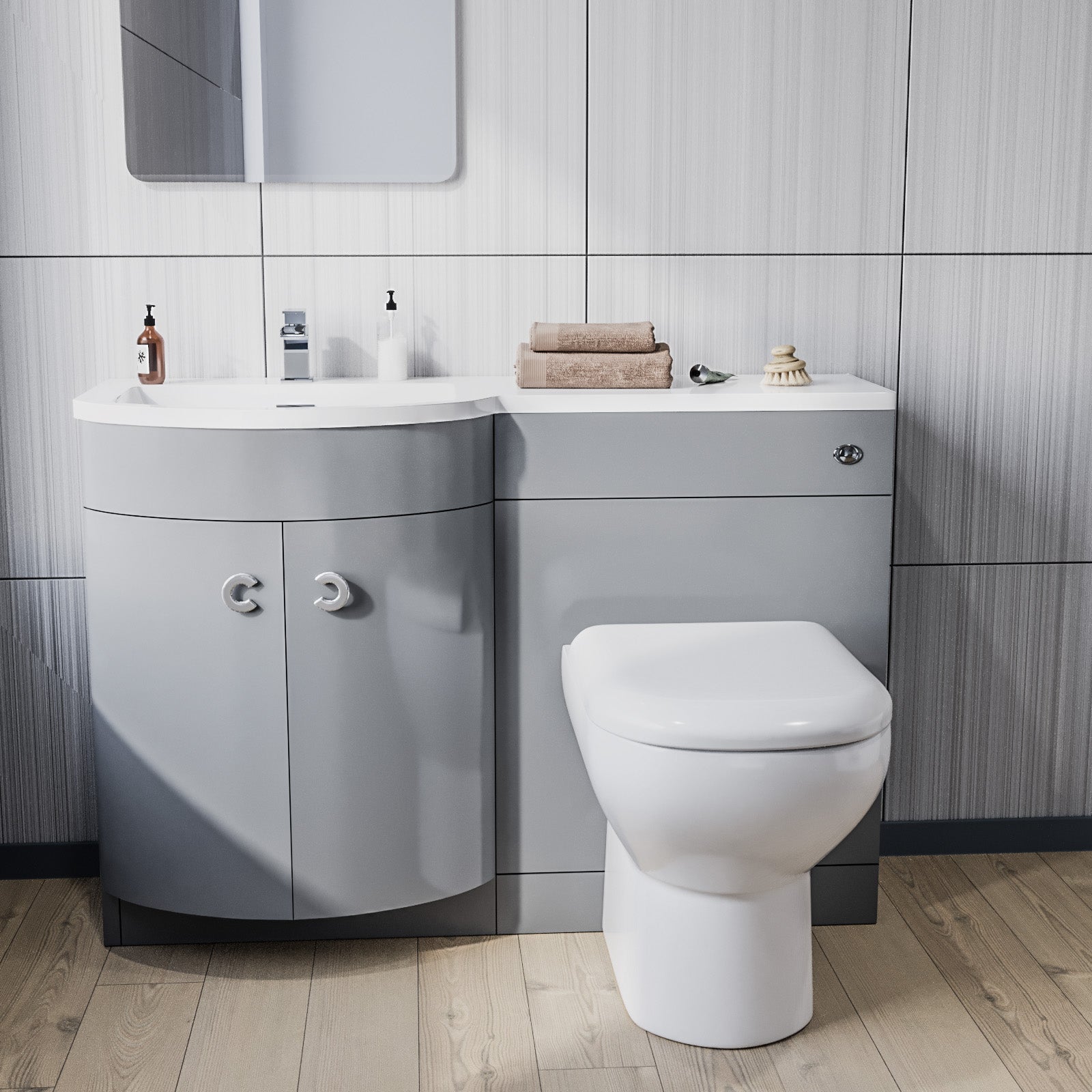 Dene 1100mm Left Hand Basin Combination Vanity Unit, WC unit, Back To Wall Toilet Grey