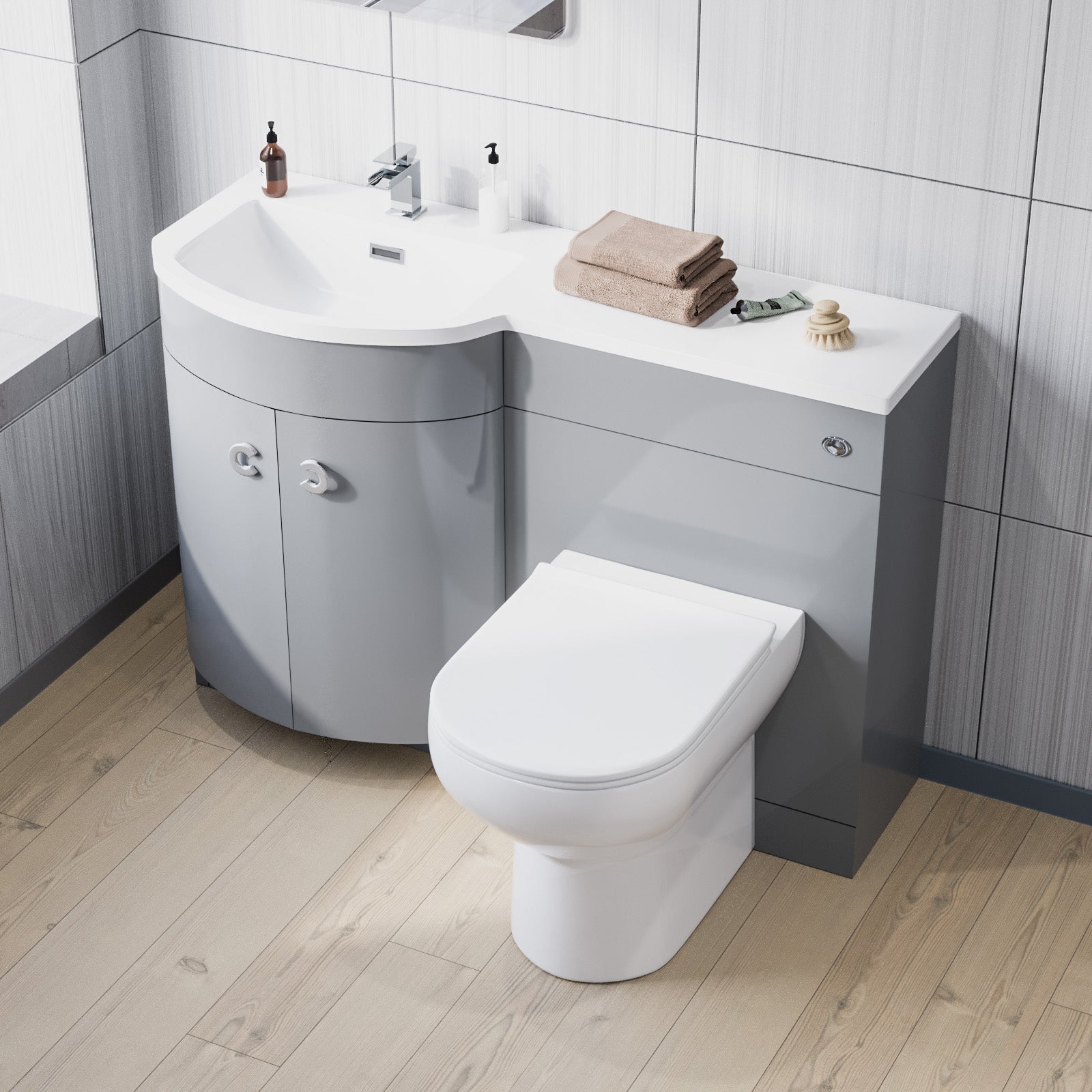 Dene 1100mm Left Hand Basin Combination Vanity Unit, WC unit, Back To Wall Toilet Grey