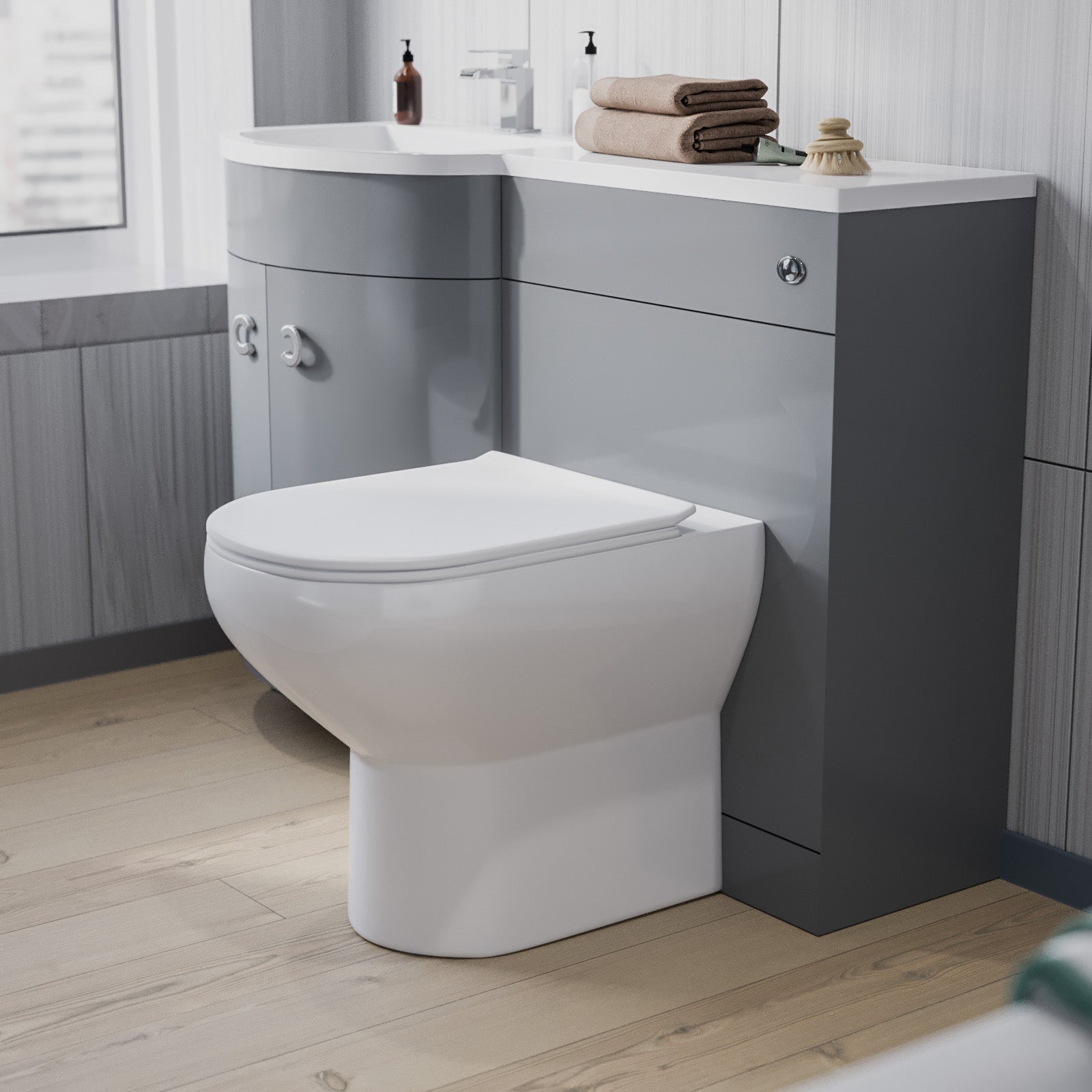 Dene 1100mm Left Hand Basin Combination Vanity Unit, WC unit, Back To Wall Toilet Grey