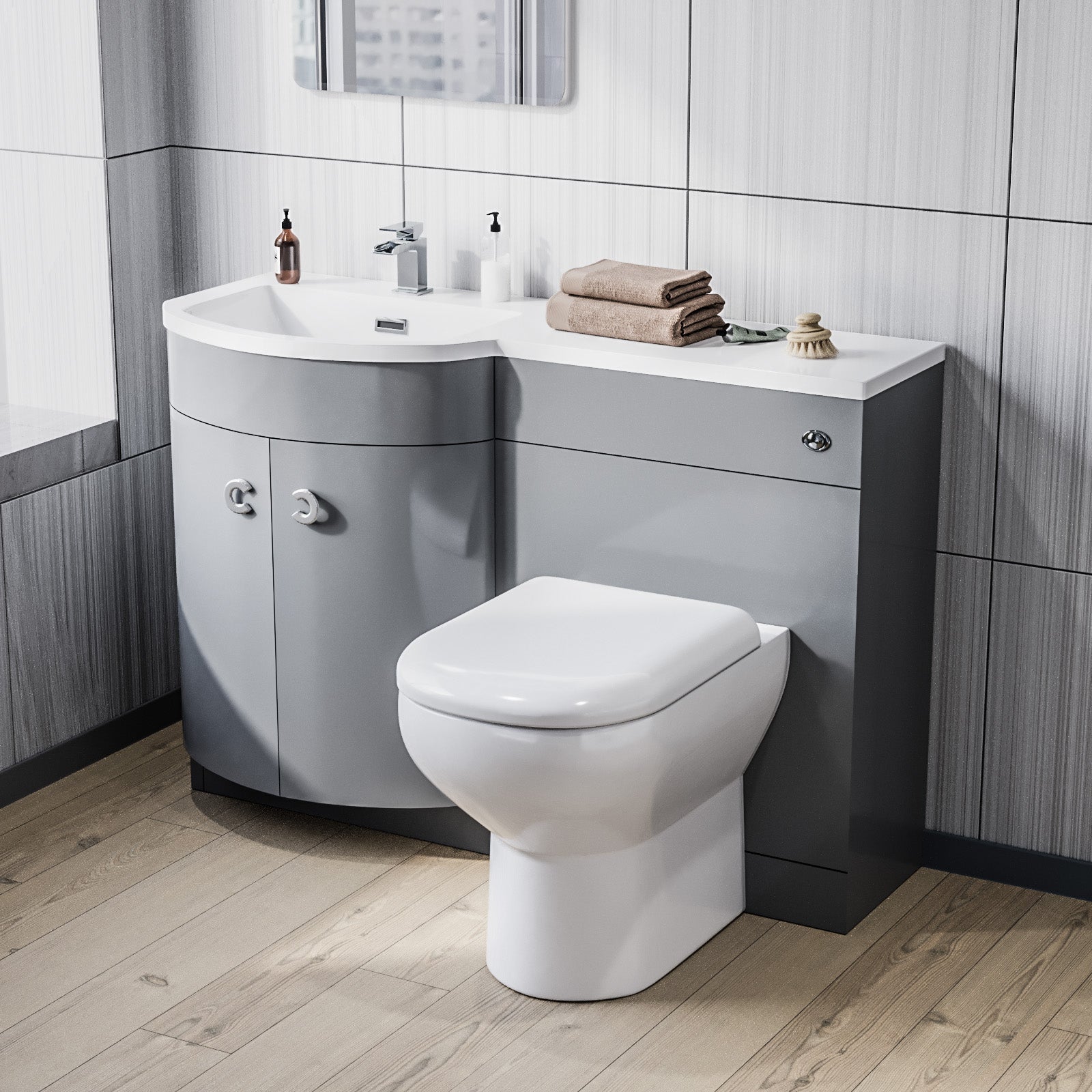 Dene 1100mm Left Hand Basin Combination Vanity Unit, WC unit, Back To Wall Toilet Grey