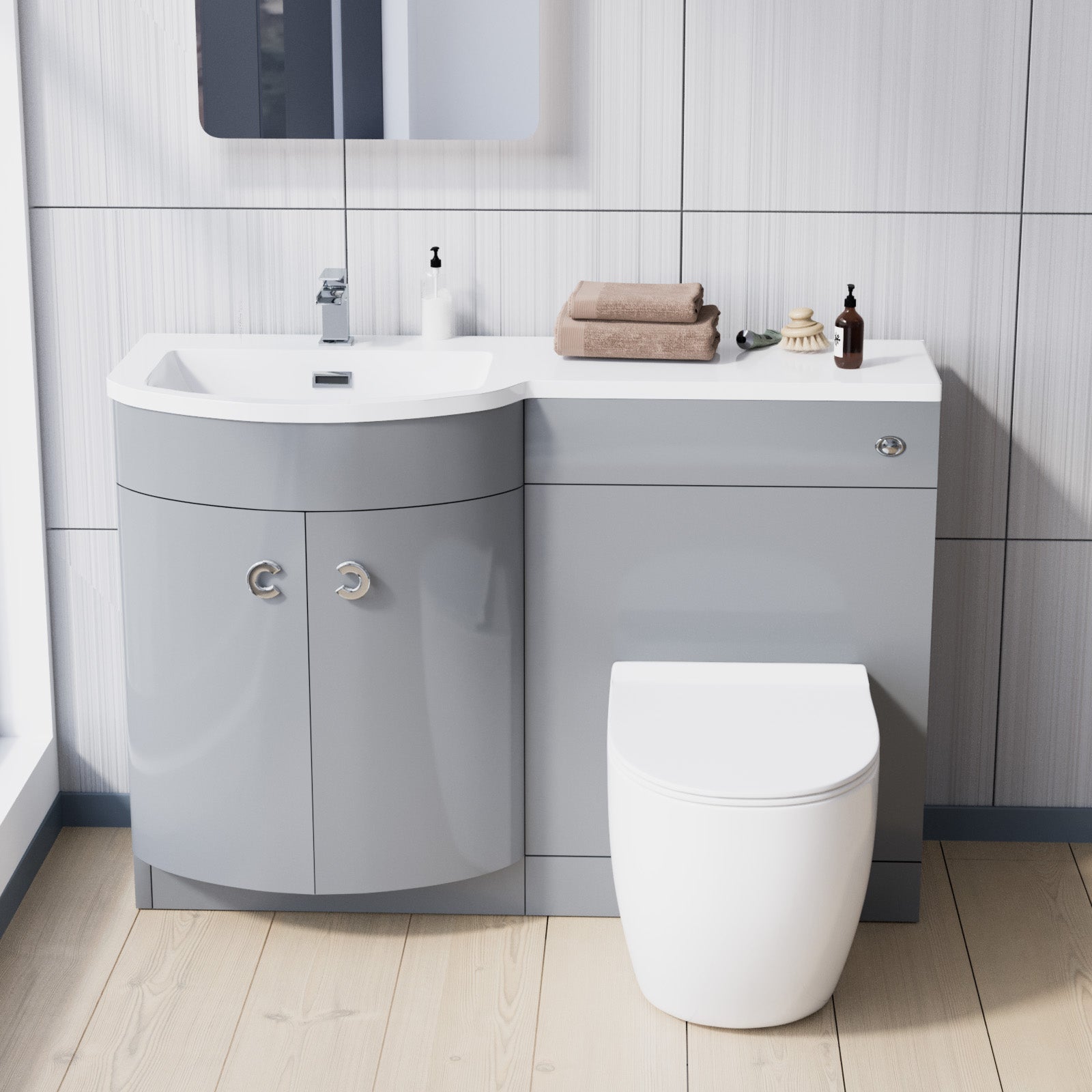 Dene | 1100mm LH Back To Wall toilet, Soft Close Toilet & Resin Basin Grey