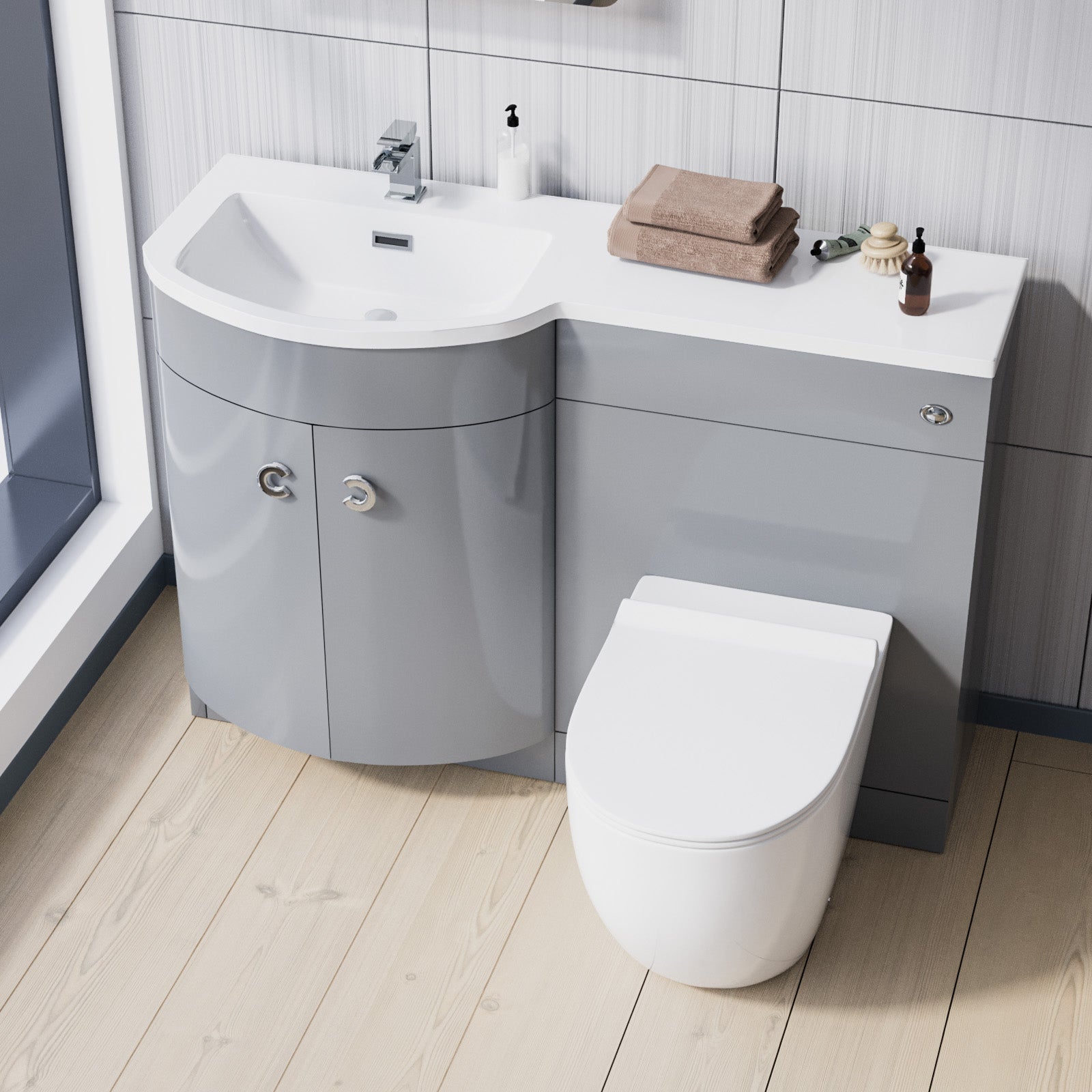 Dene | 1100mm LH Back To Wall toilet, Soft Close Toilet & Resin Basin Grey