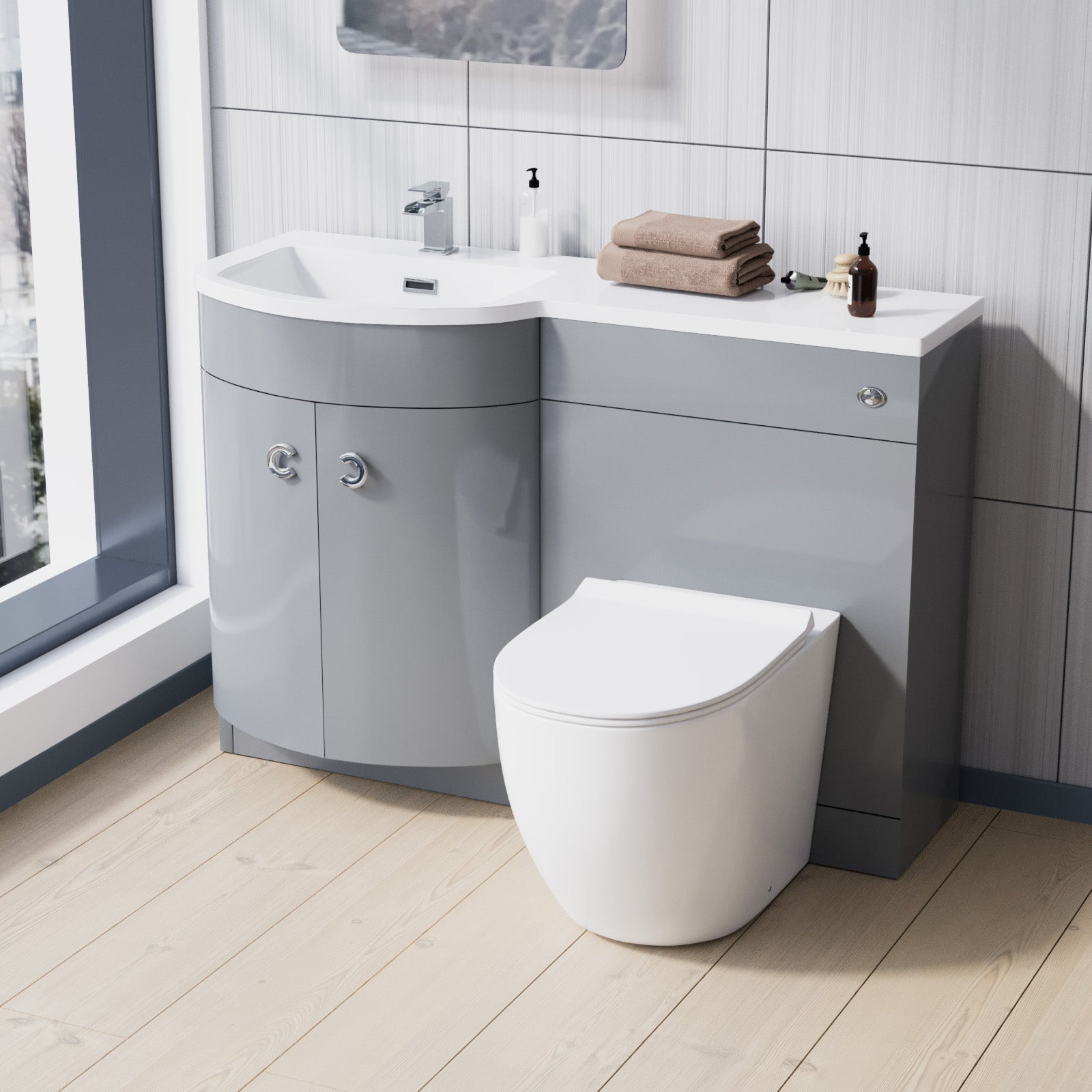 Dene | 1100mm LH Back To Wall toilet, Soft Close Toilet & Resin Basin Grey