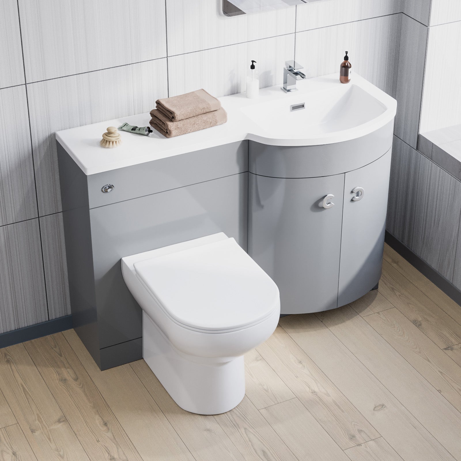 Dene 1100mm Right Hand Basin Combination Vanity Unit, WC unit, Back To Wall Toilet Grey