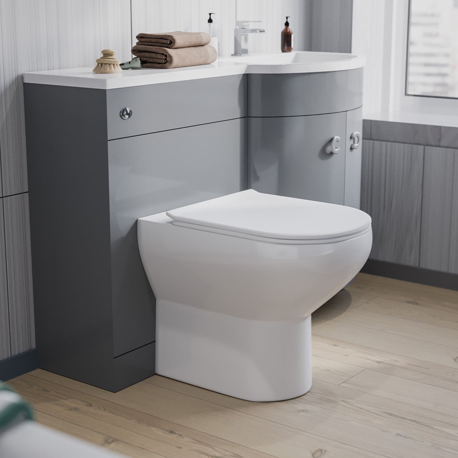 Dene 1100mm Right Hand Basin Combination Vanity Unit, WC unit, Back To Wall Toilet Grey