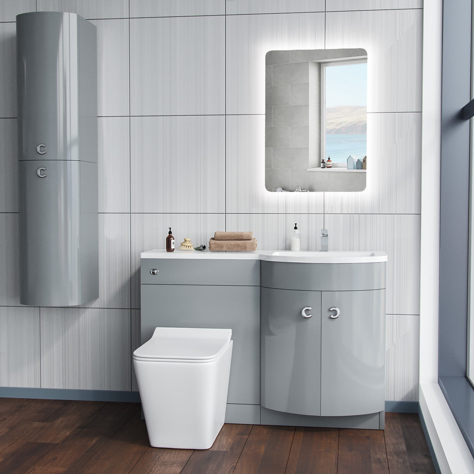 Dene Light Grey RH Vanity Unit & WC BTW Toilet Sink Storage Cabinet