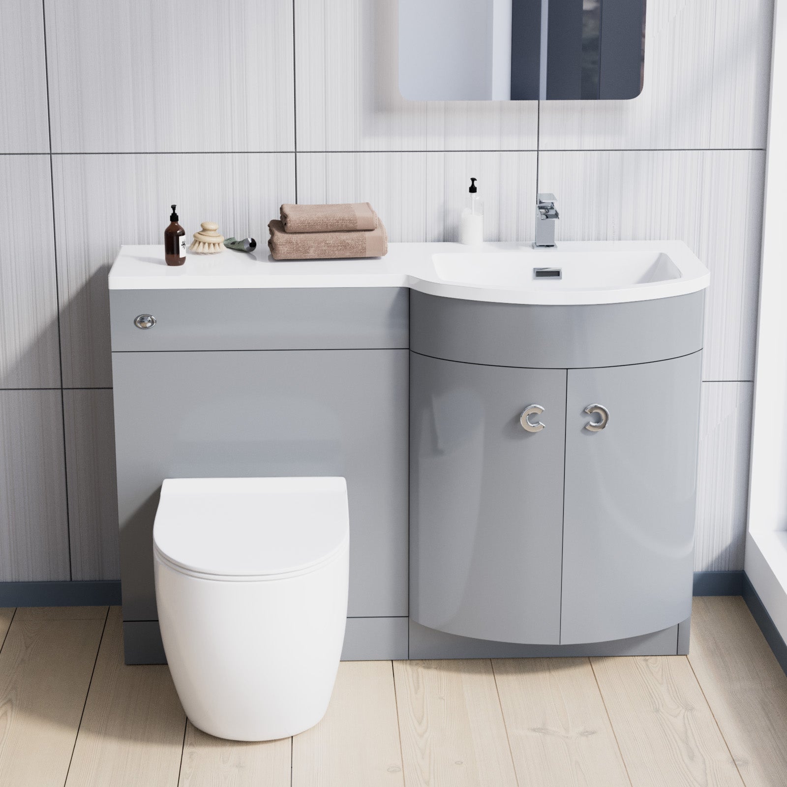 Dene 1100mm RH Back To Wall toilet, Soft Close Toilet & Resin Basin Grey