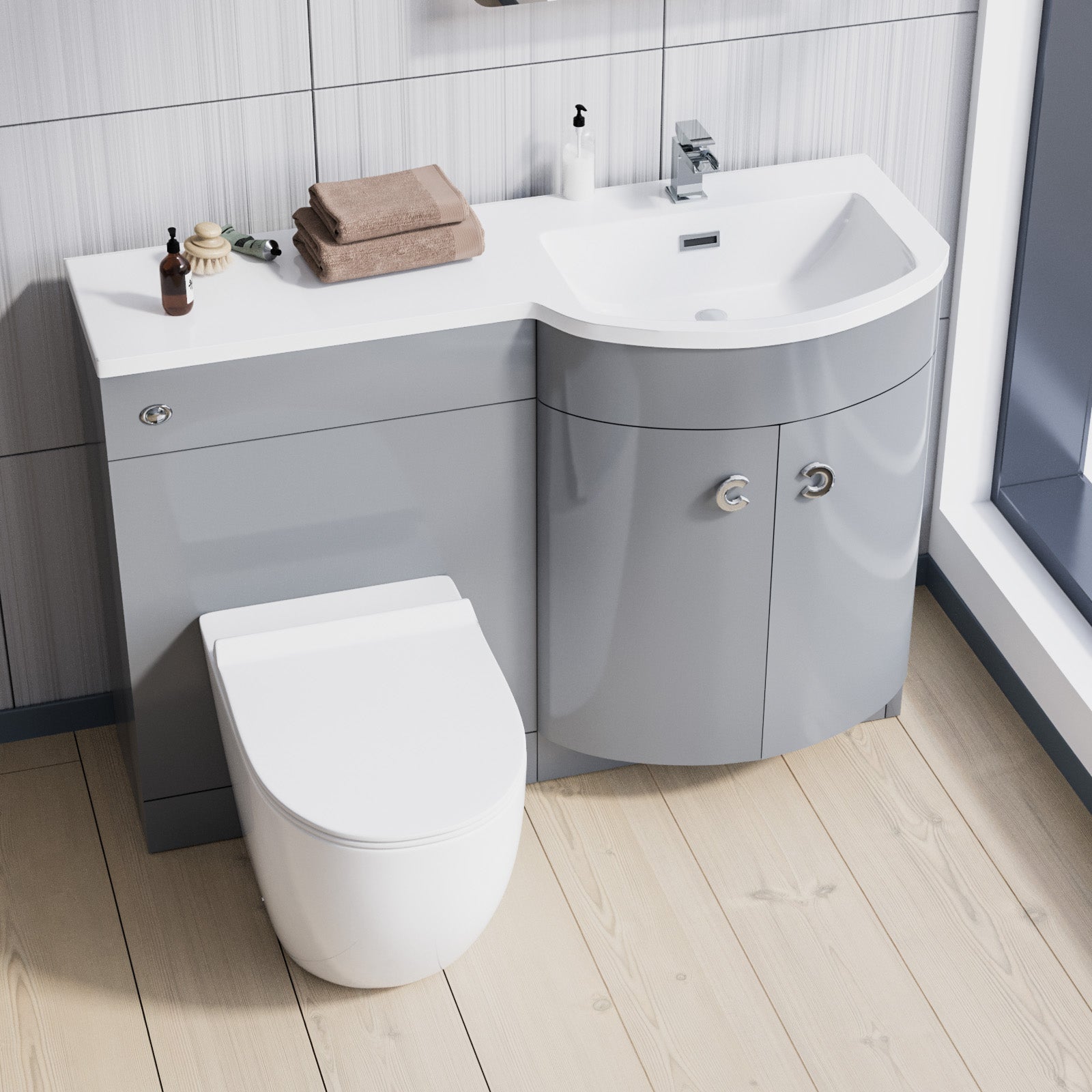 Dene 1100mm RH Back To Wall toilet, Soft Close Toilet & Resin Basin Grey