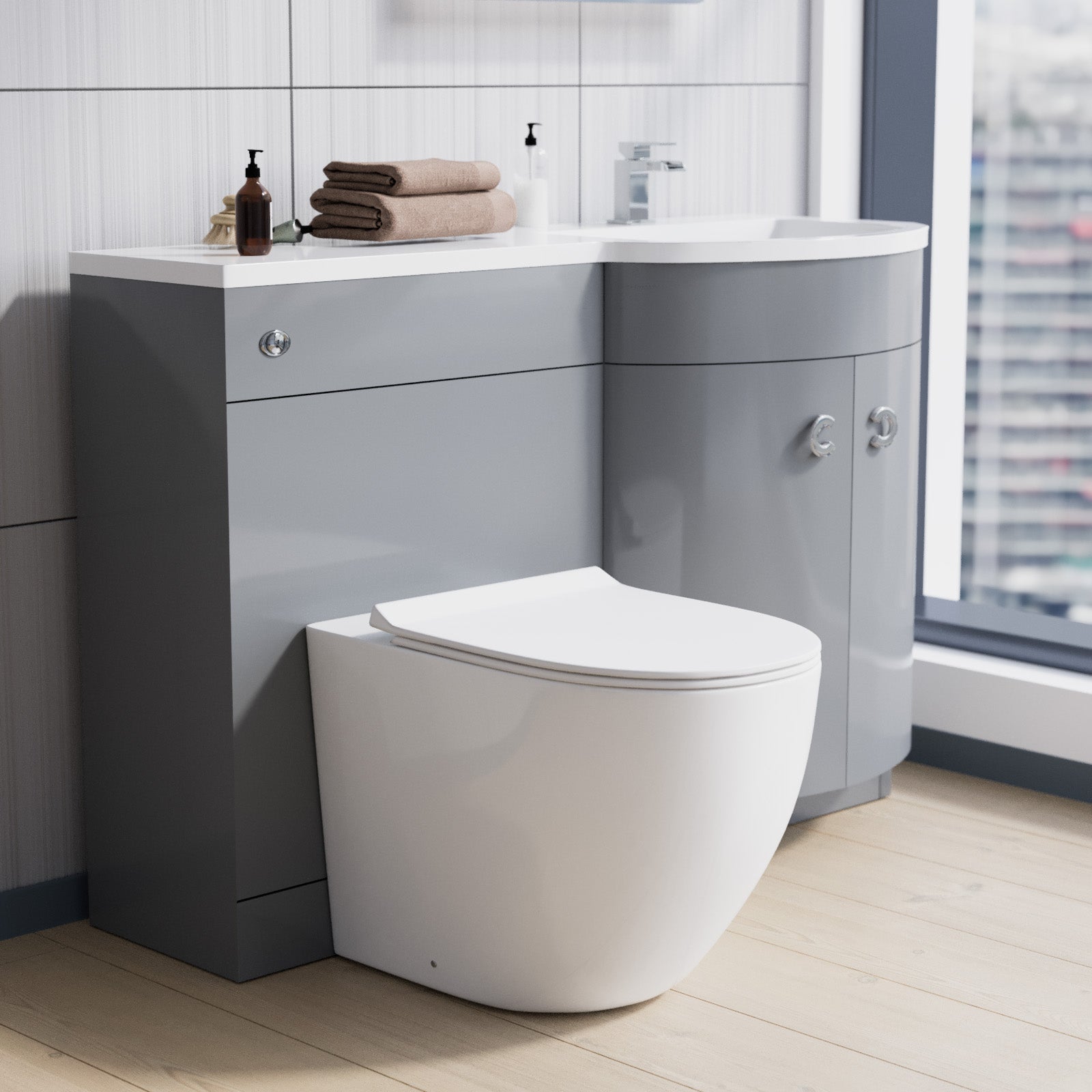 Dene 1100mm RH Back To Wall toilet, Soft Close Toilet & Resin Basin Grey