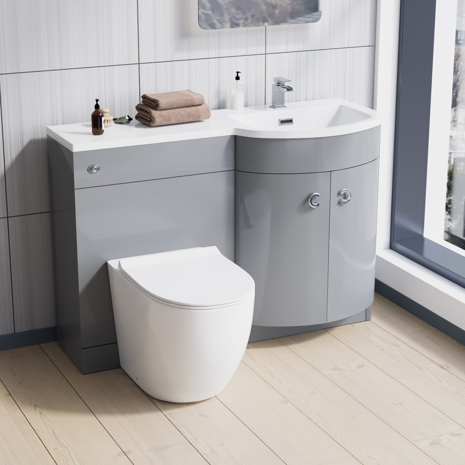 Dene 1100mm RH Back To Wall toilet, Soft Close Toilet & Resin Basin Grey