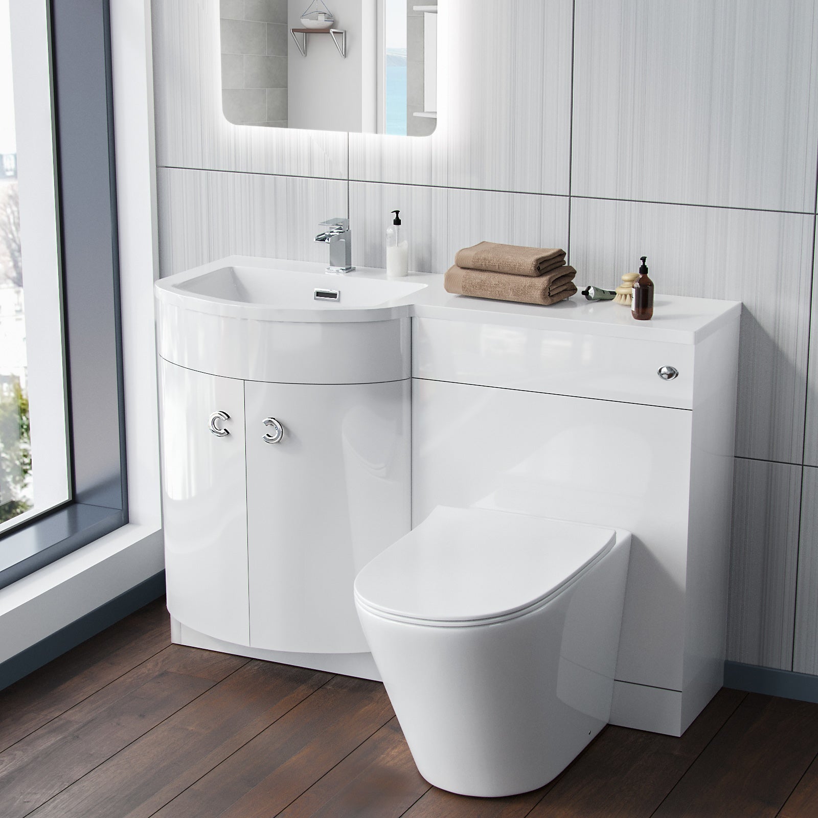 White 1100mm Vanity Basin Unit & Ellis Back To Wall Toilet