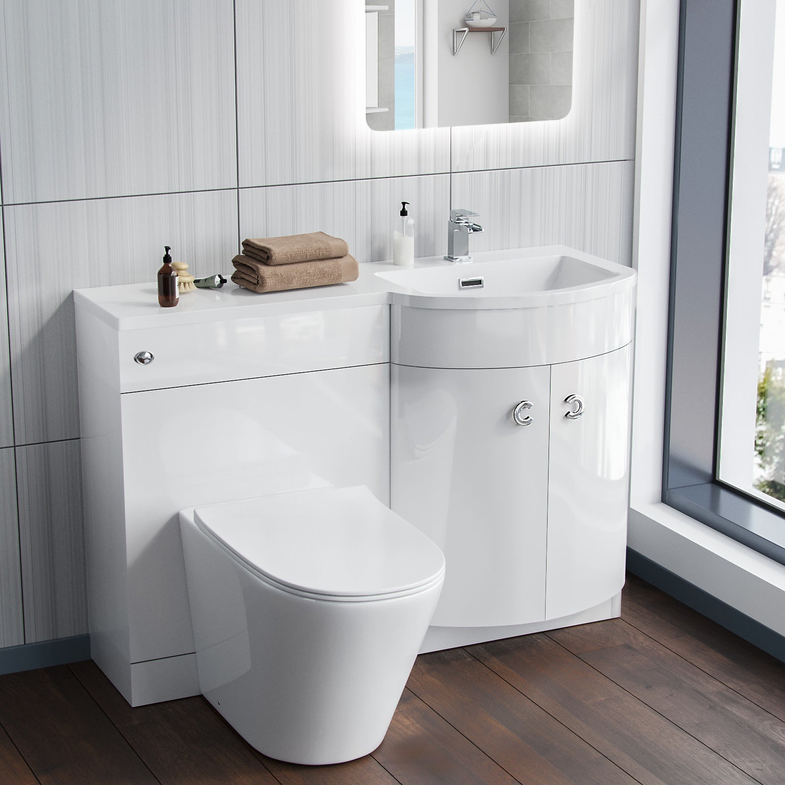 White 1100mm Vanity Basin Unit & Ellis Back To Wall Toilet