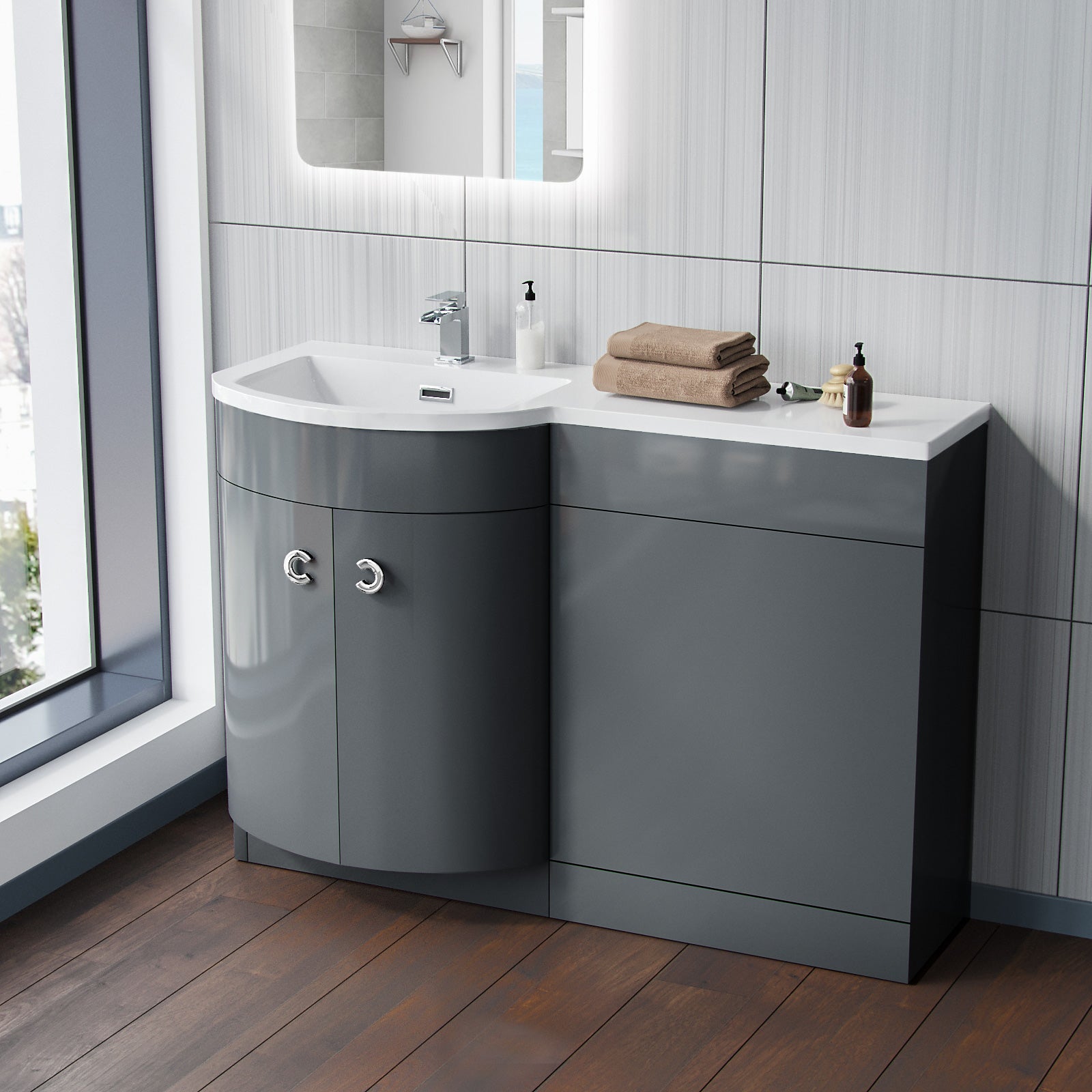 Dene Grey 1100 mm Vanity Unit and BTW WC Toilet Left Hand Basin Sink Cabinet