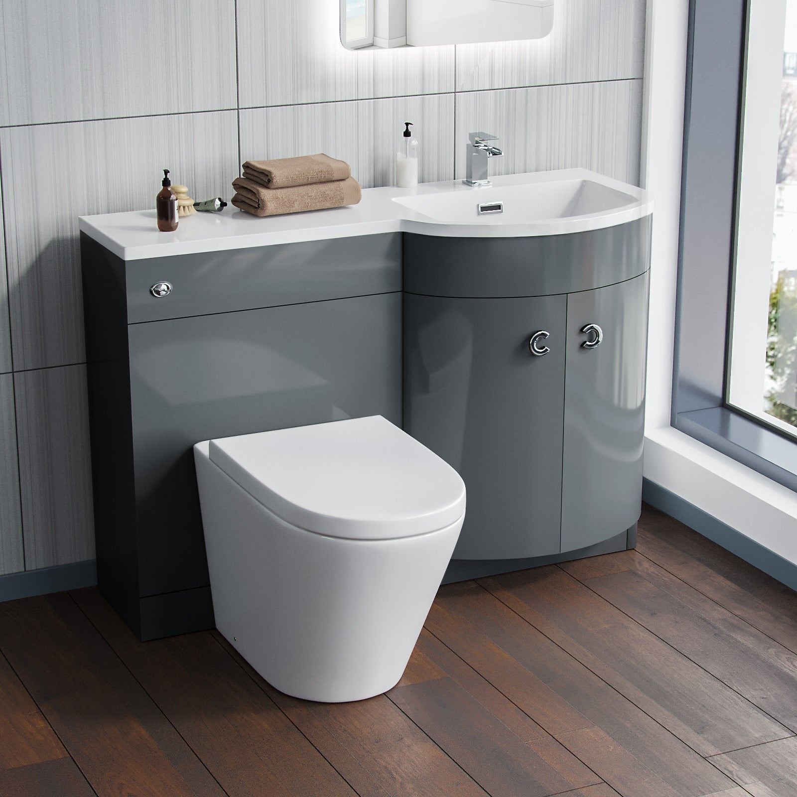 Grey 1100 RH Back To Wall Soft Close Toilet & Resin Basin